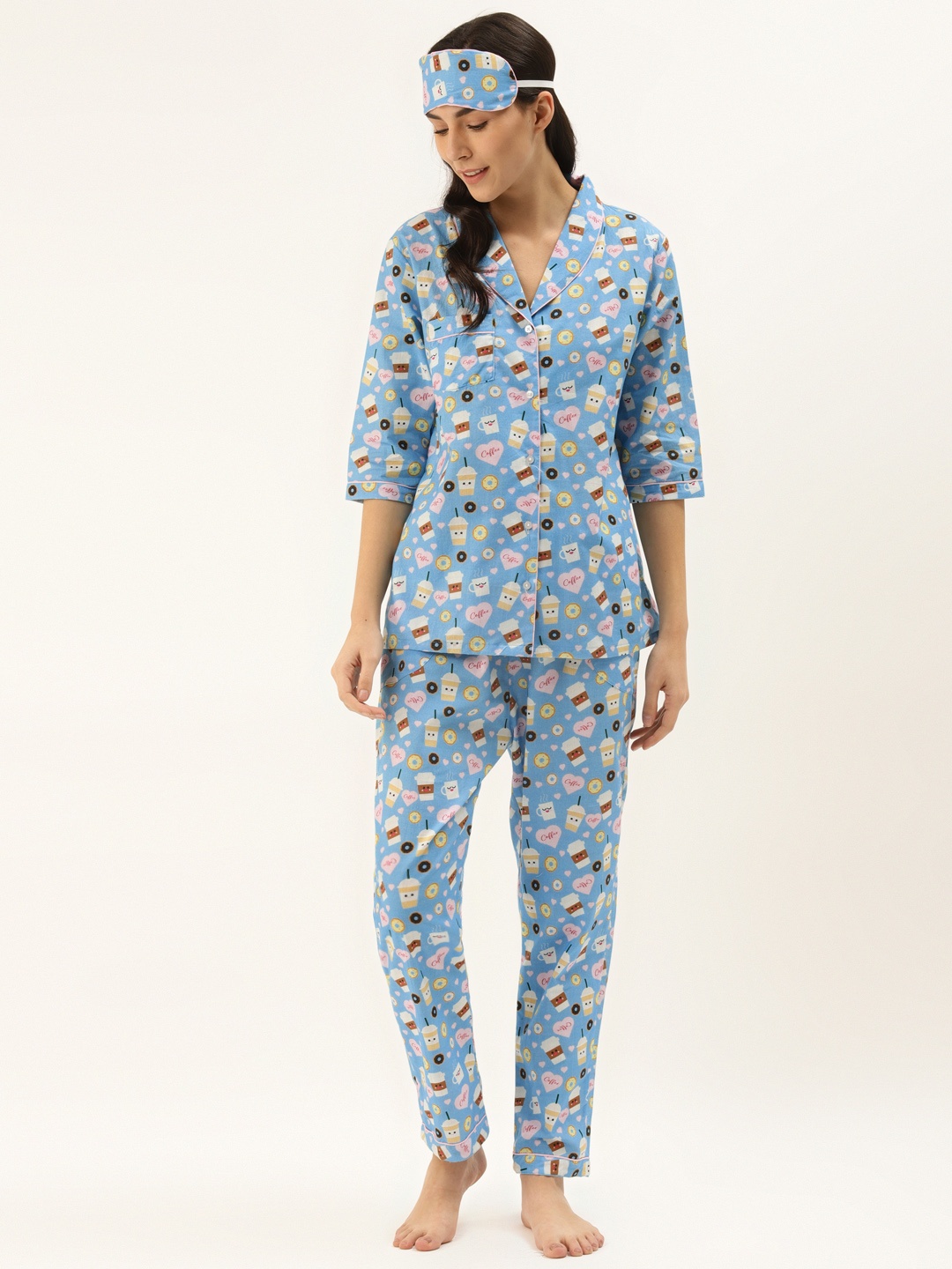 

Rapra The Label Women Blue & White Pure Cotton Coffee Print Night Suit with Eye Mask