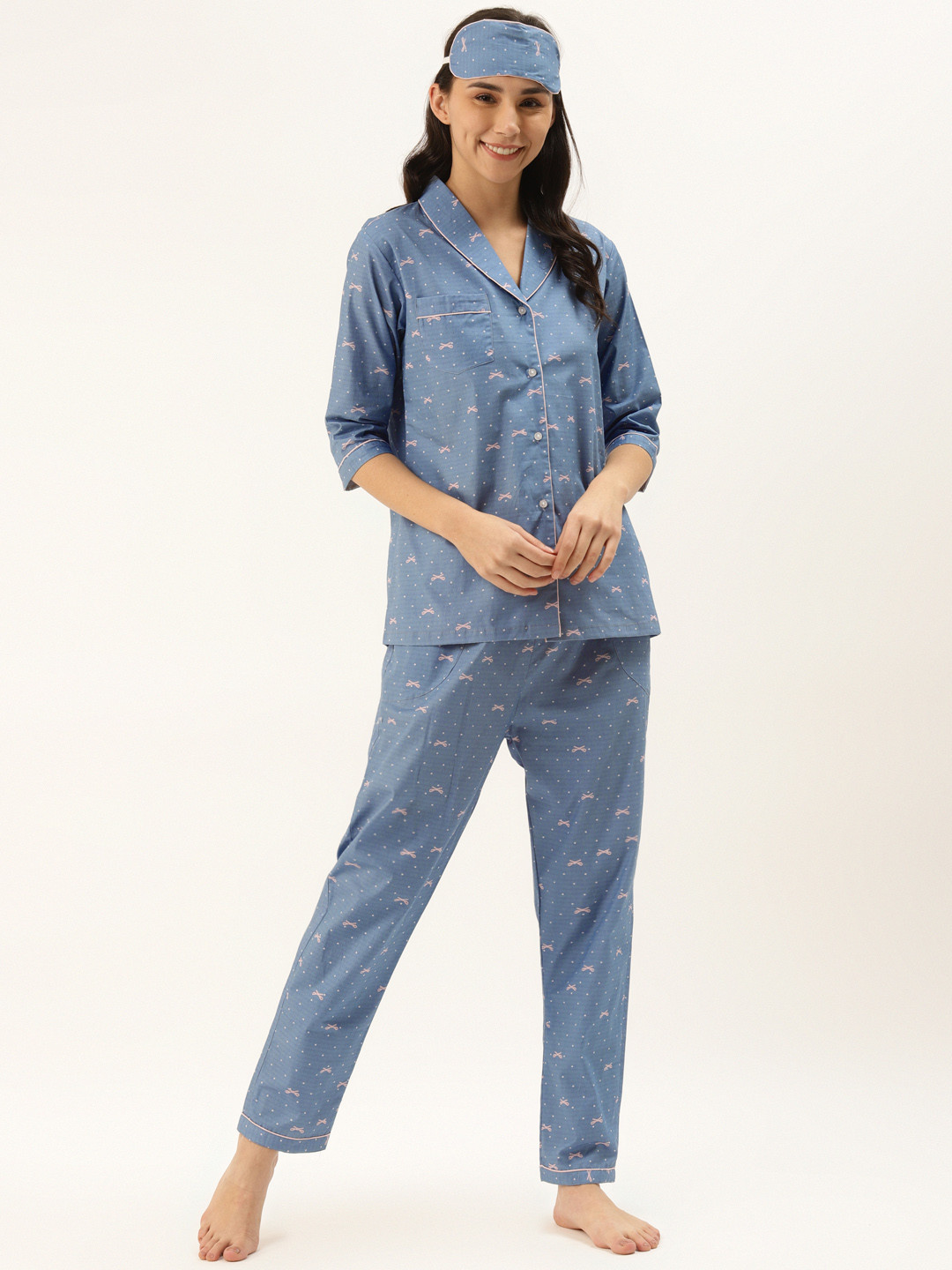

Rapra The Label Women Blue & Pink Pure Cotton Bow Print Night Suit with Eye Mask