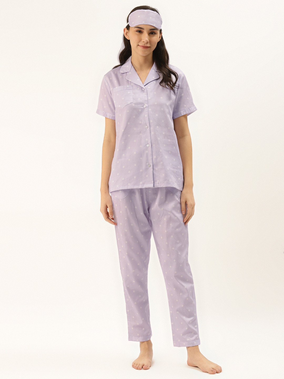 

Rapra The Label Women Lavender & White Pure Cotton Polka Dot Night Suit with Eye Mask