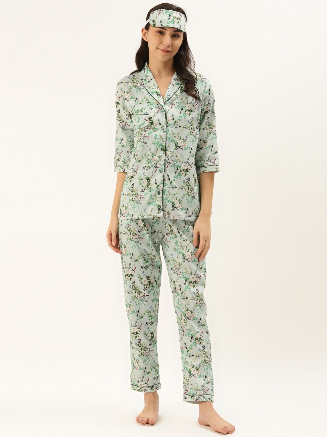 

Rapra The Label Women Green Pure Cotton Floral Print Night Suit with Eye Mask