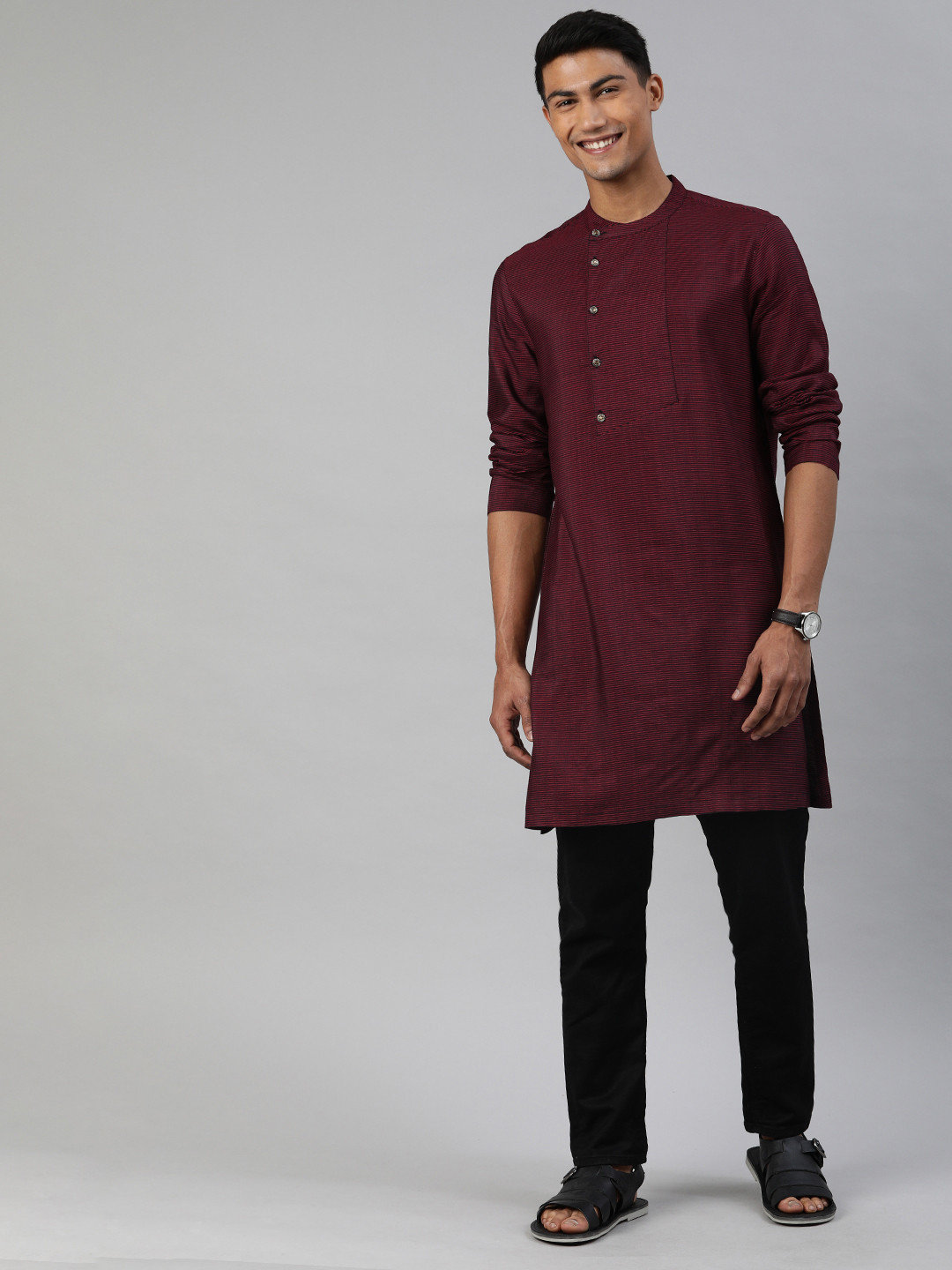 

THE BEAR HOUSE Men Red Striped Straight Kurta