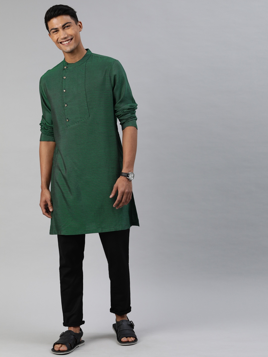 

THE BEAR HOUSE Men Green Striped Straight Kurta