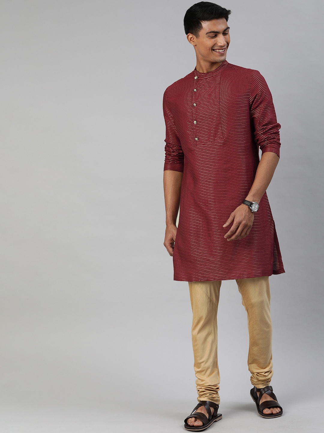 

THE BEAR HOUSE Men Red Striped Straight Kurta