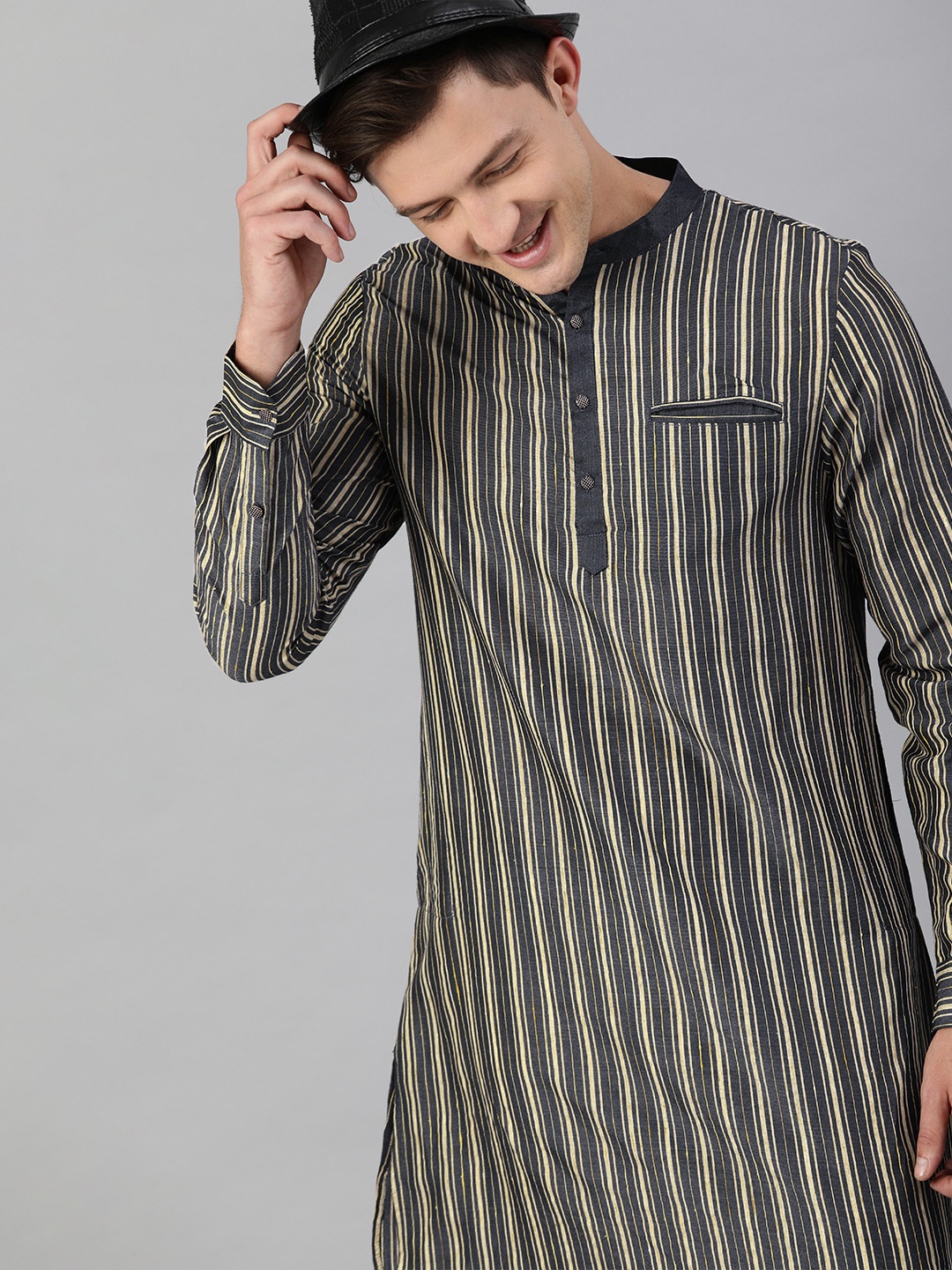 

THE BEAR HOUSE Men Black & Cream Striped Jacquard Festive Kurta