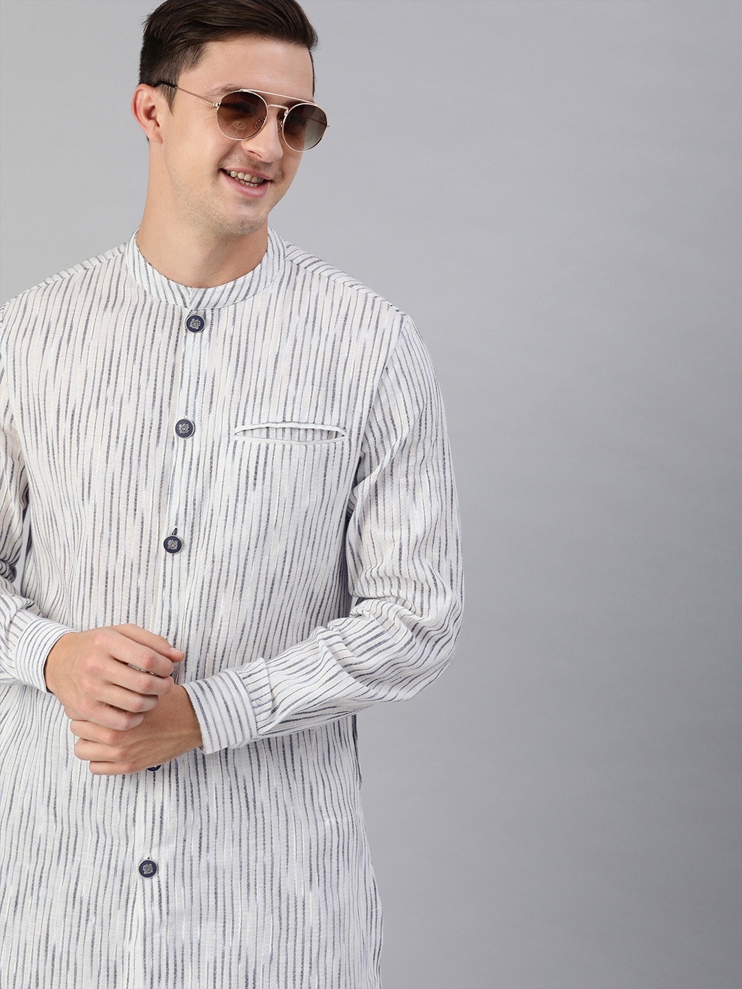 

THE BEAR HOUSE White & Blue Tie n Dye Corded Kurta with Front Slit Striped Kurta