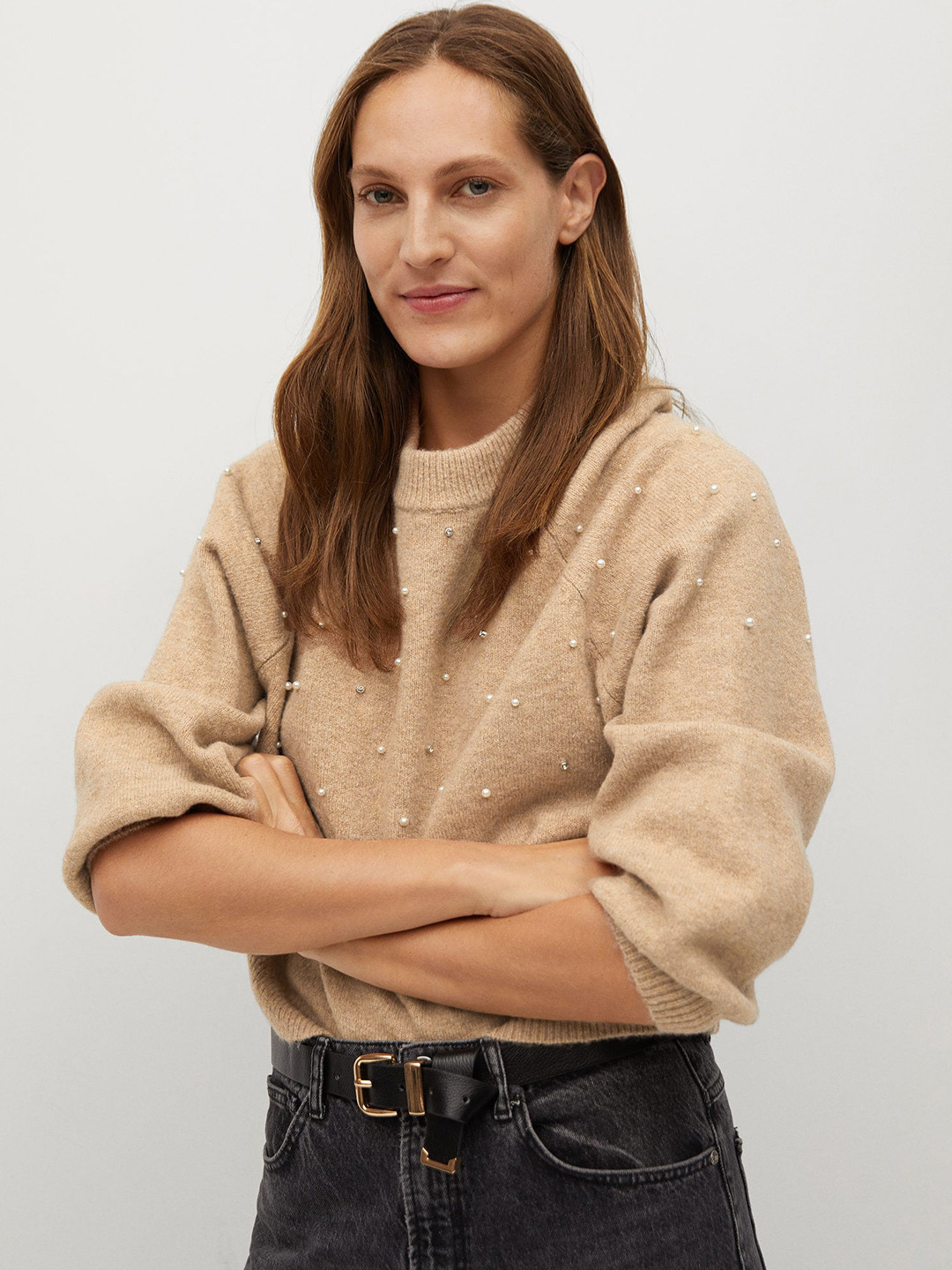 

MANGO Women Beige Embellished Pullover Sweater