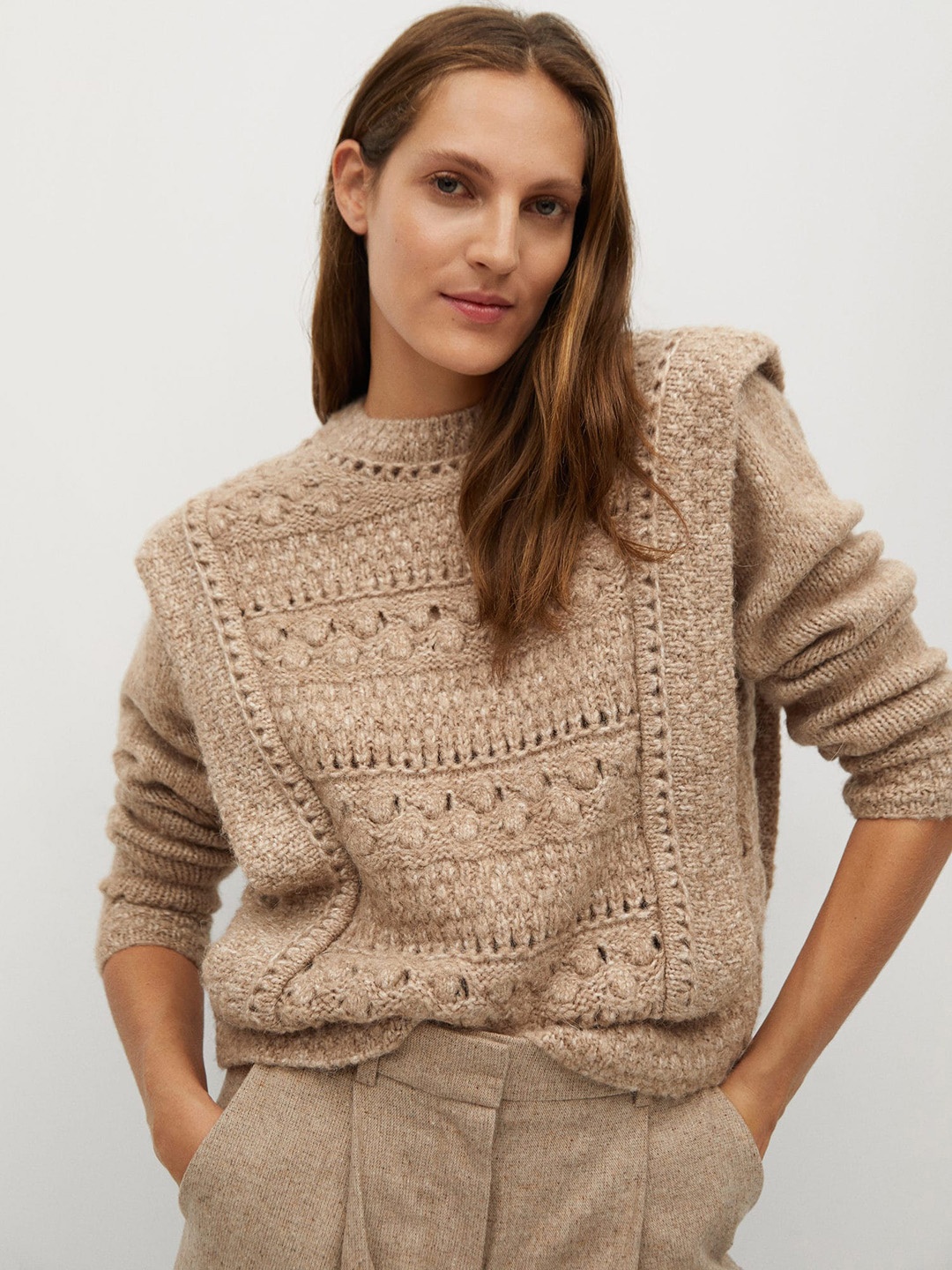 

MANGO Women Beige Open Knit Pullover