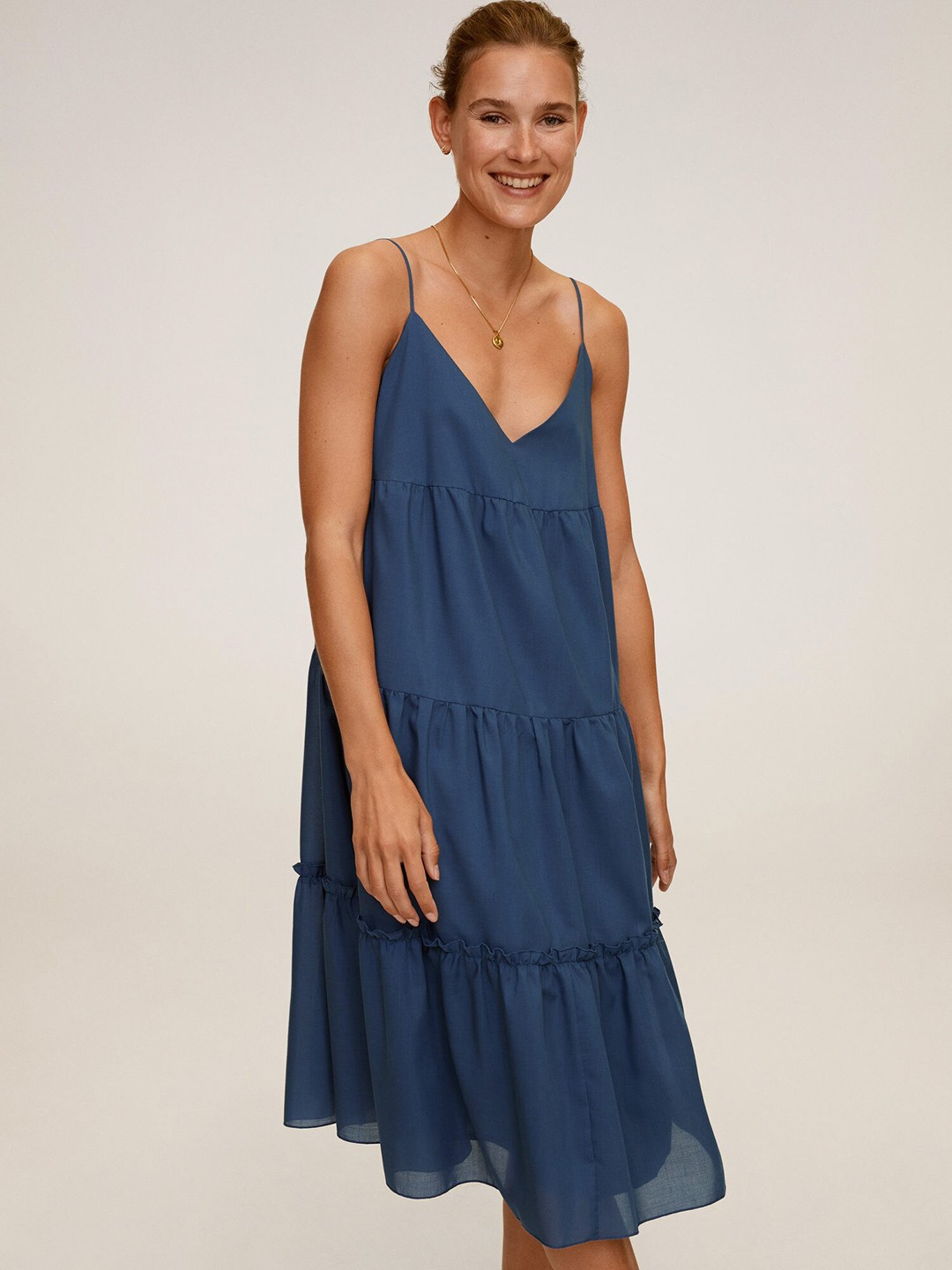 

MANGO Navy Blue Solid A-Line Midi Dress