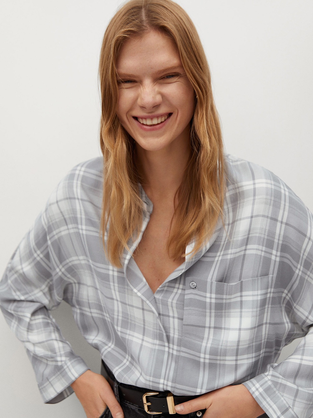 

MANGO Grey & White Checked Band Collar Shirt Style Top