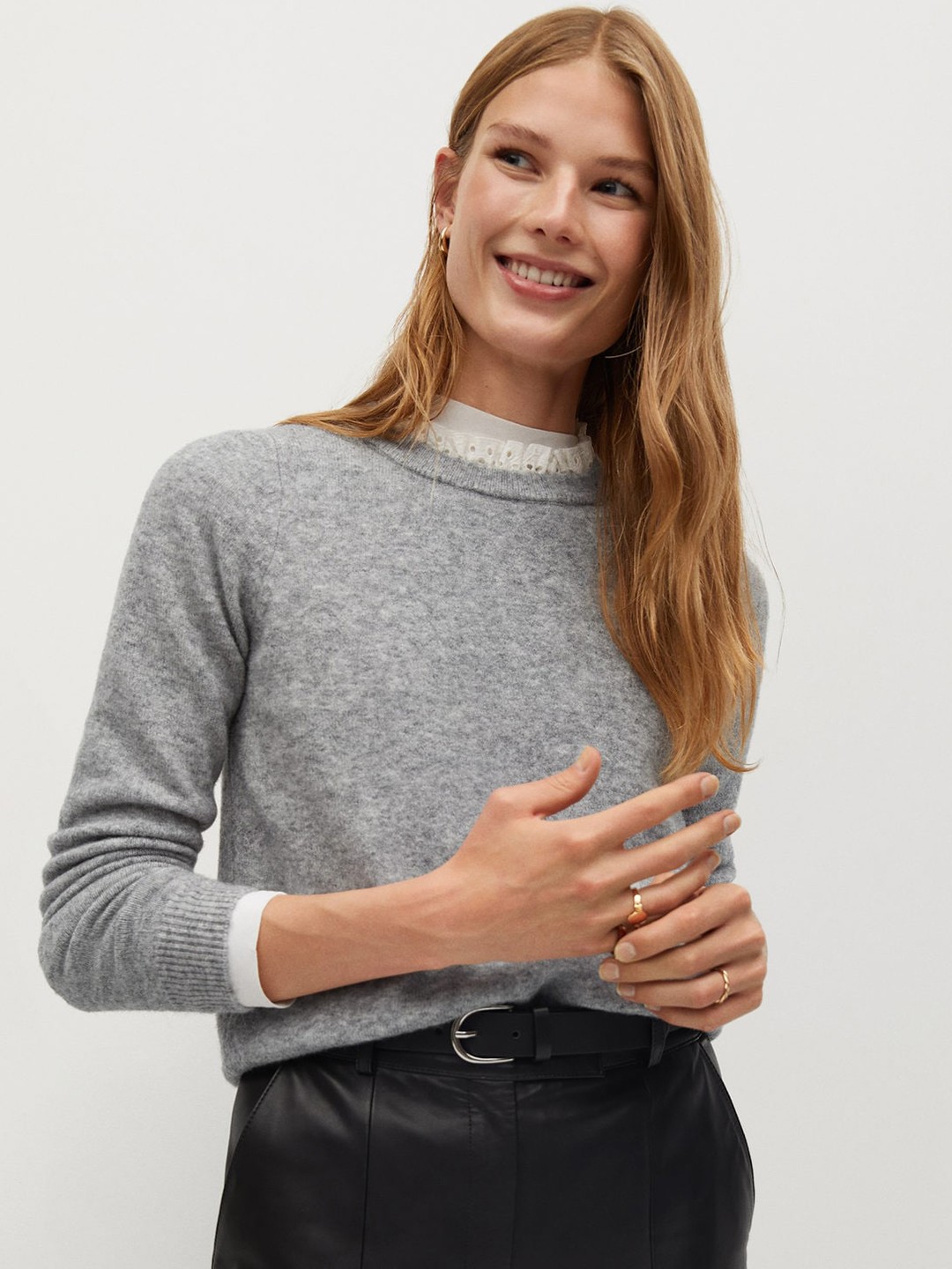 

MANGO Women Grey Melange Solid Pullover Sweater