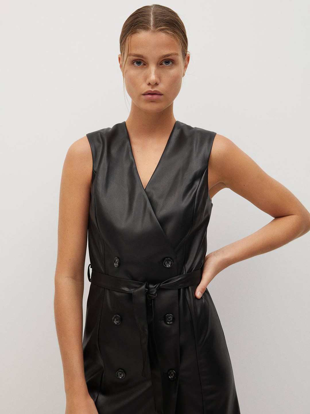 

MANGO Women Black Solid PU Coated Sheath Dress