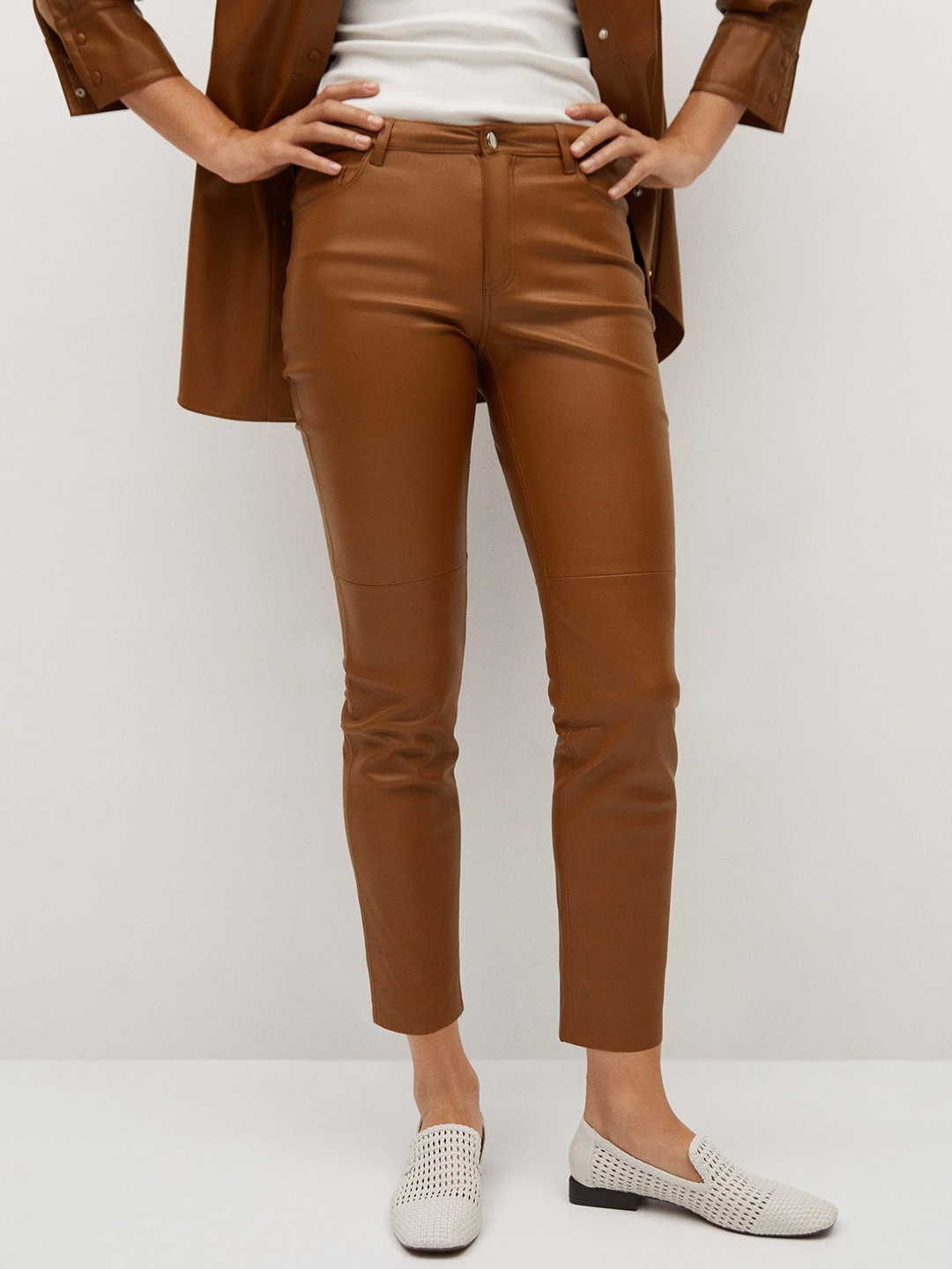 

MANGO Women Mustard Brown Skinny Fit Coated Trousers