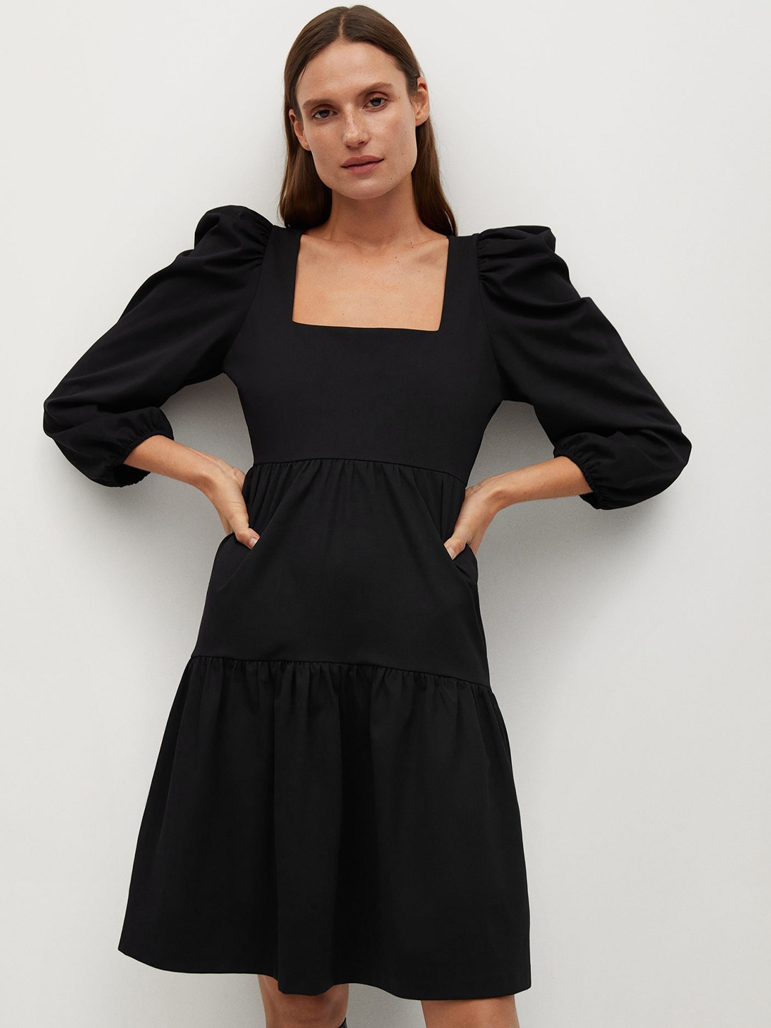 

MANGO Women Black Solid A-Line Tiered Dress