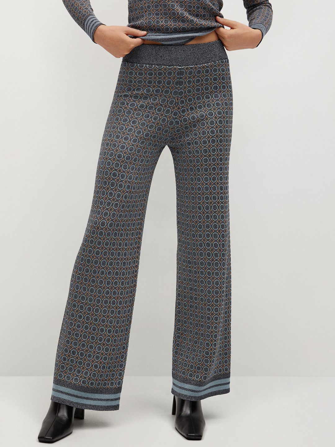 

MANGO Women Blue & Black Regular Fit Self Design Parallel Trousers