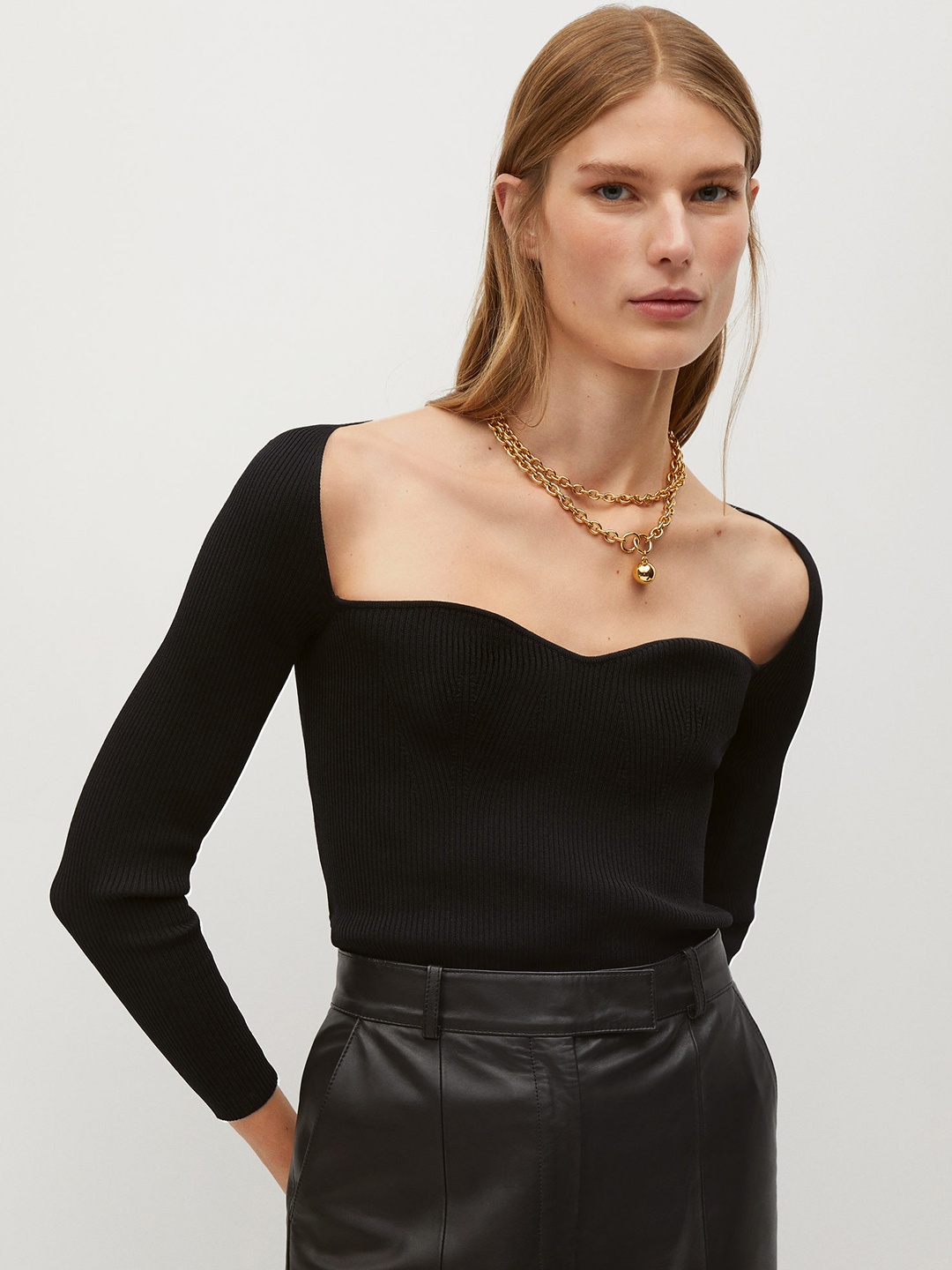

MANGO Women Black Solid Fitted Winter Top