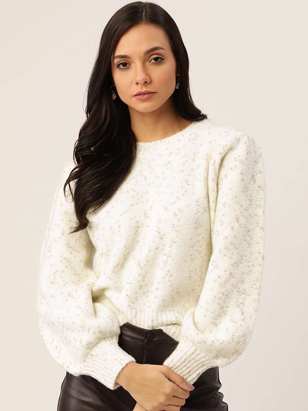 

MANGO Women Off-White Self Design Pullover