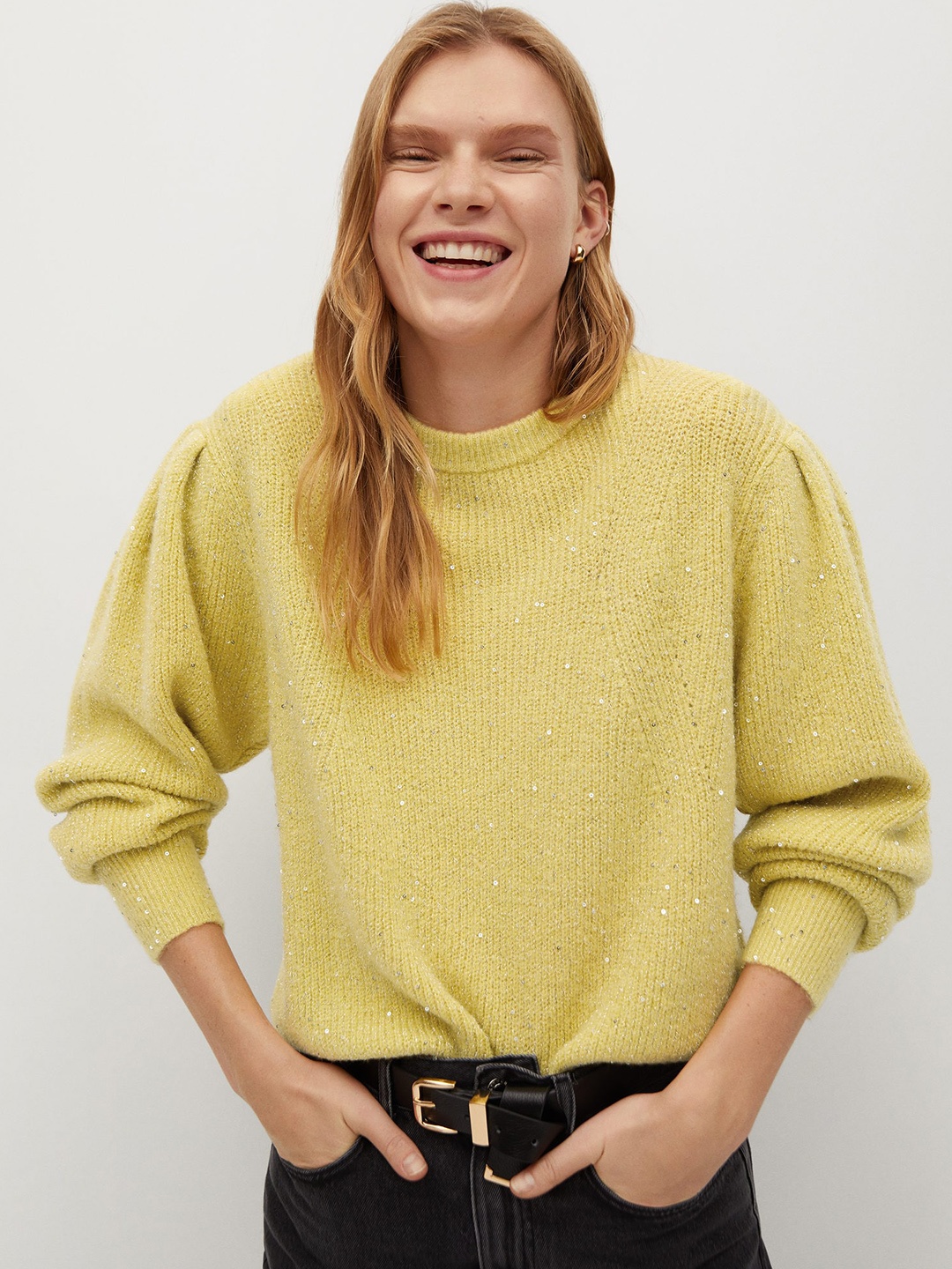 

MANGO Women Lime Green Sequinned Pullover Sweater