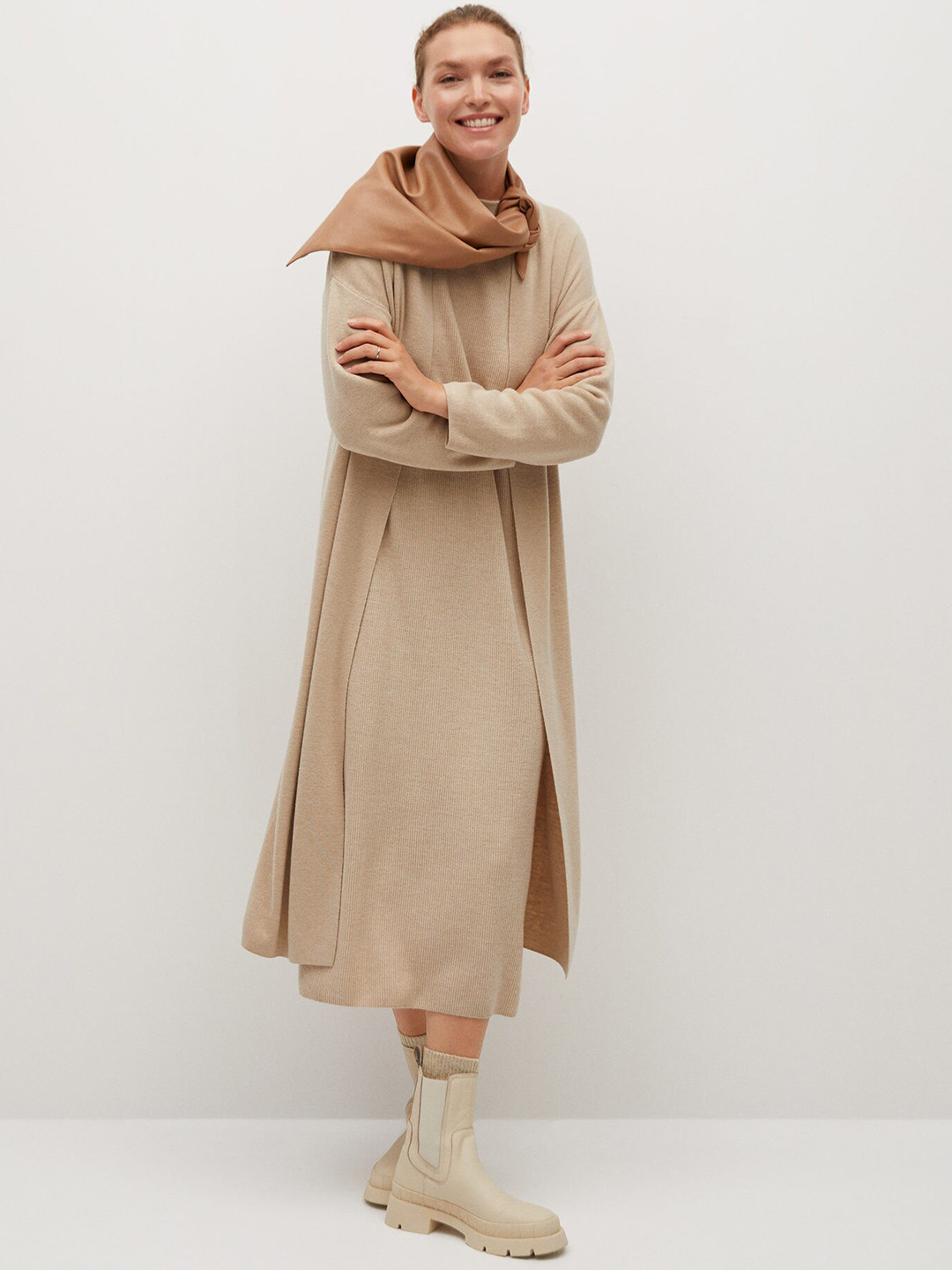 

MANGO Women Beige Longline Pullover