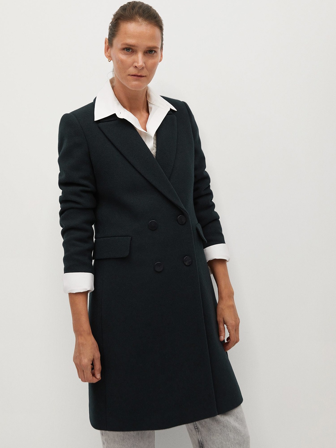 

MANGO Women Green Solid Double-Breasted Overcoat, Black