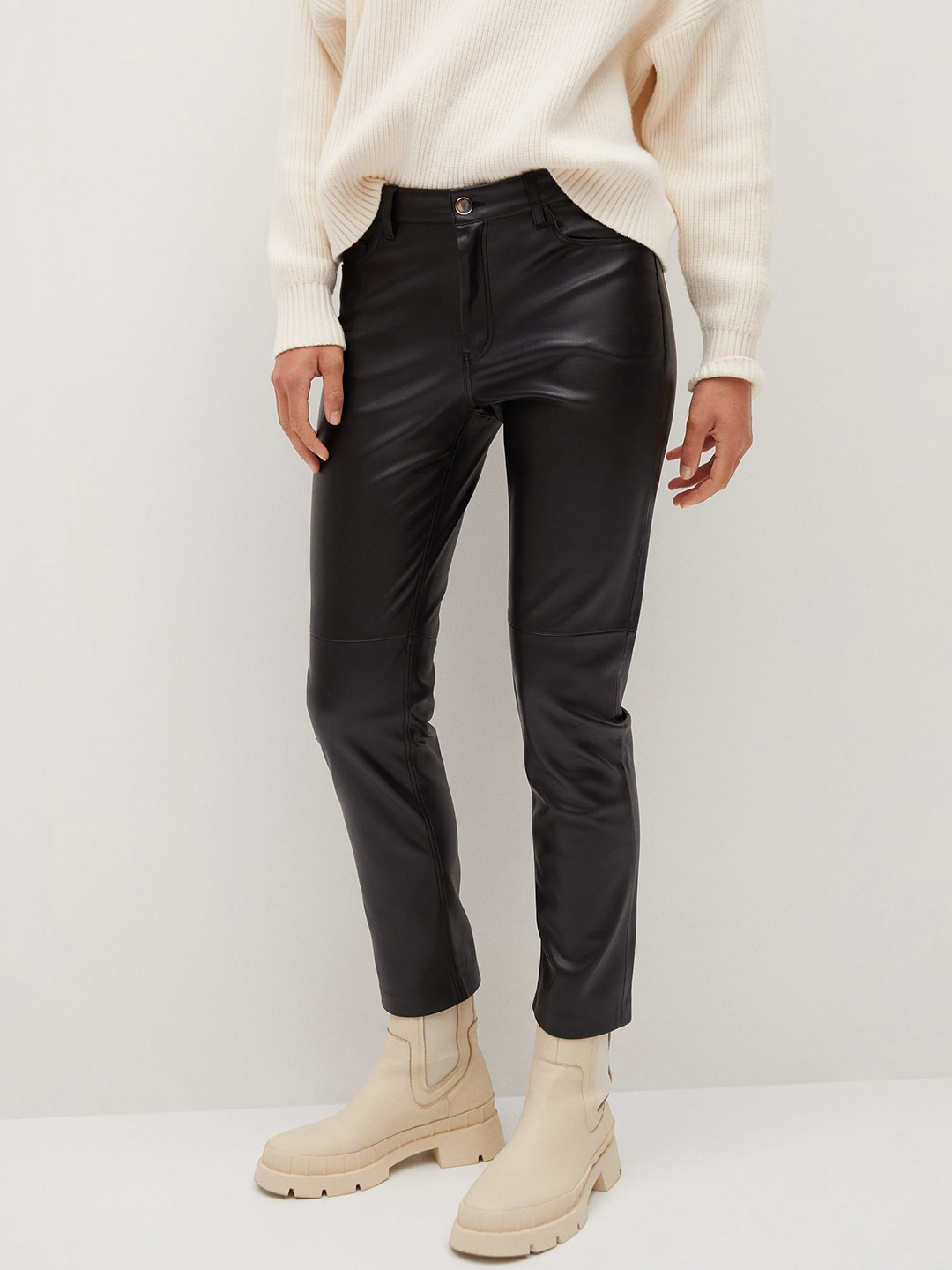 

MANGO Women Black Skinny Fit Coated Trousers