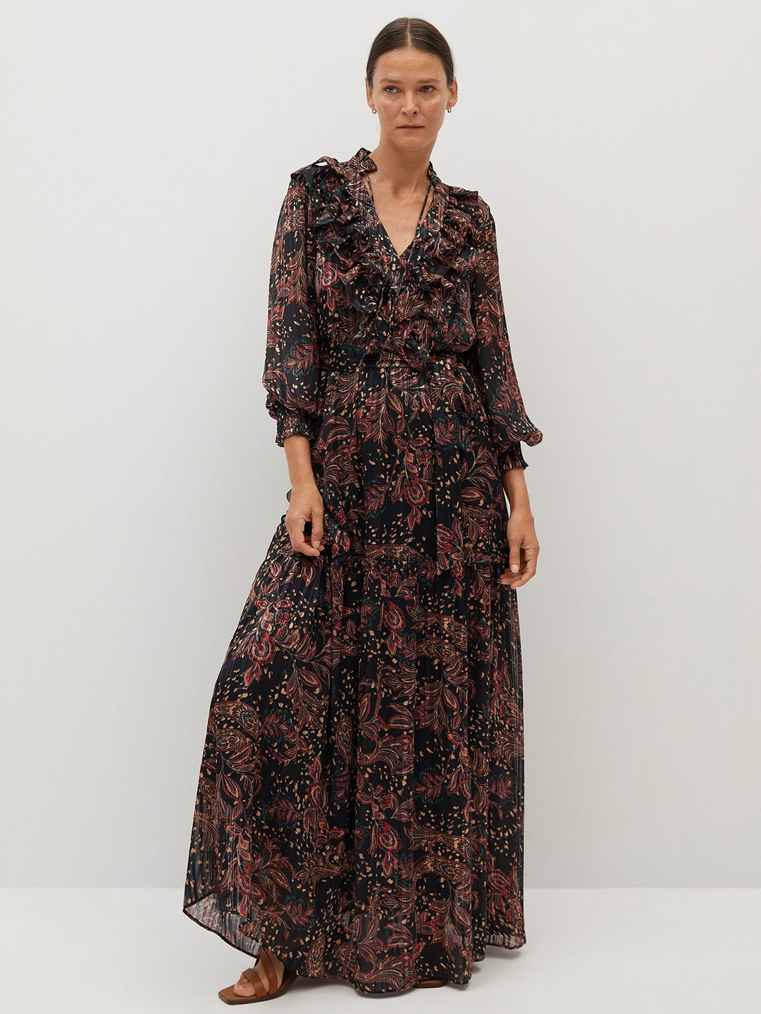 

MANGO Black & Brown Ethnic Print Tiered Maxi Dress