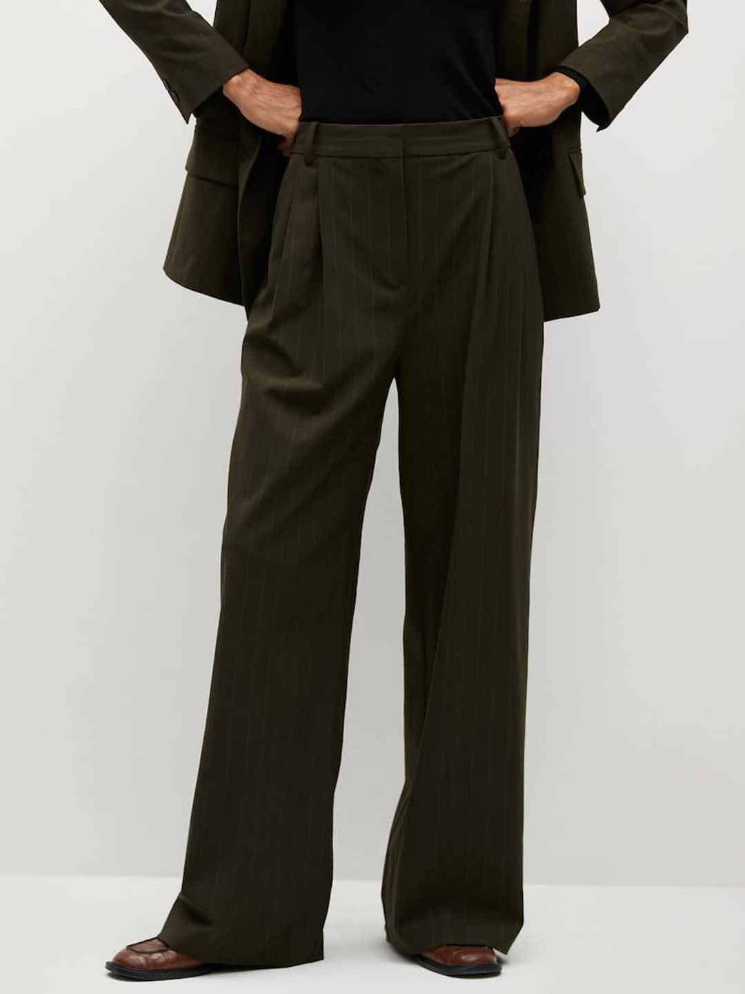 

MANGO Women Striped Loose Fit Pleated Formal Trousers, Olive