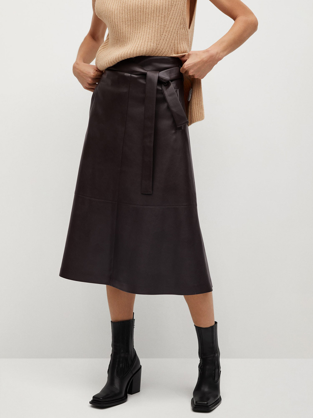 

MANGO Women Brown Solid Faux-leather Midi A-Line Skirt