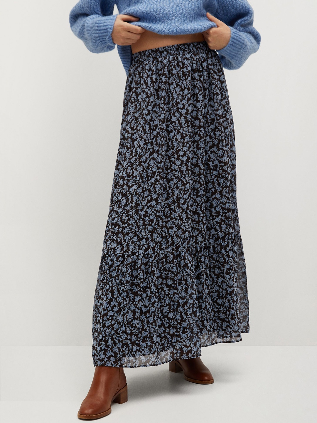 

MANGO Blue & Black Floral Print Sustainable A-Line Maxi Skirt
