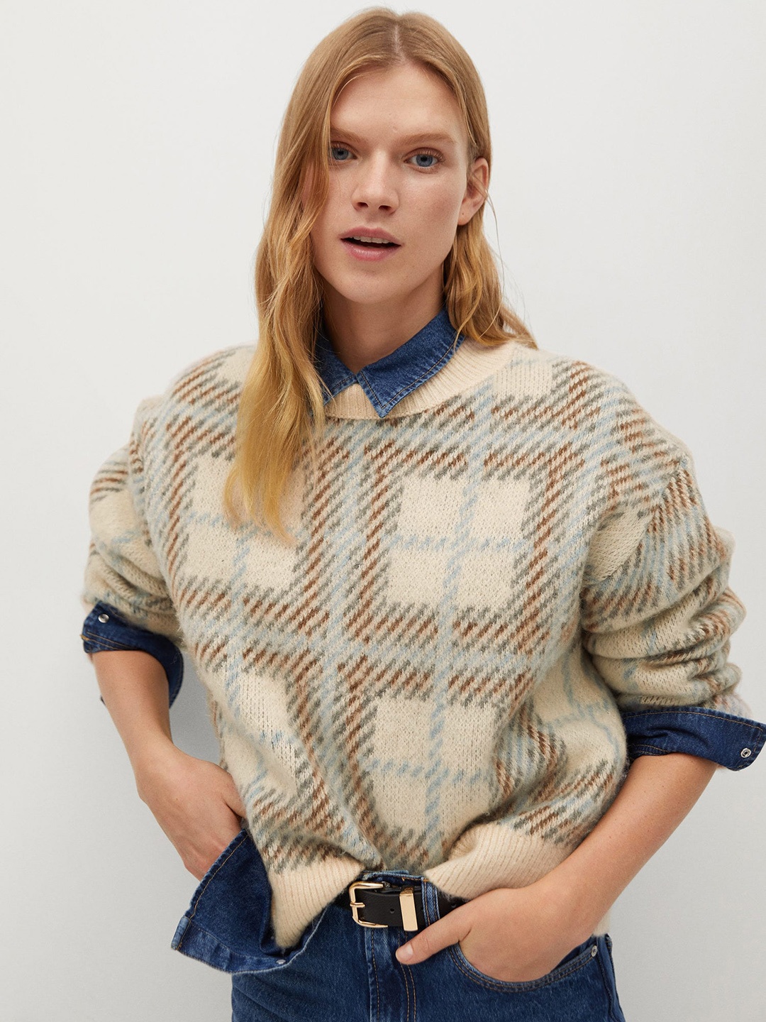 MANGO Women Cream-Coloured & Brown Checked Pullover Sweater