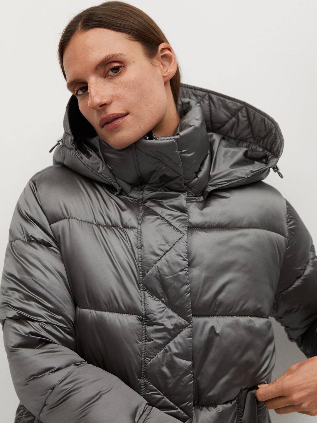 

MANGO Women Grey Padded Jacket with Detachable Hood