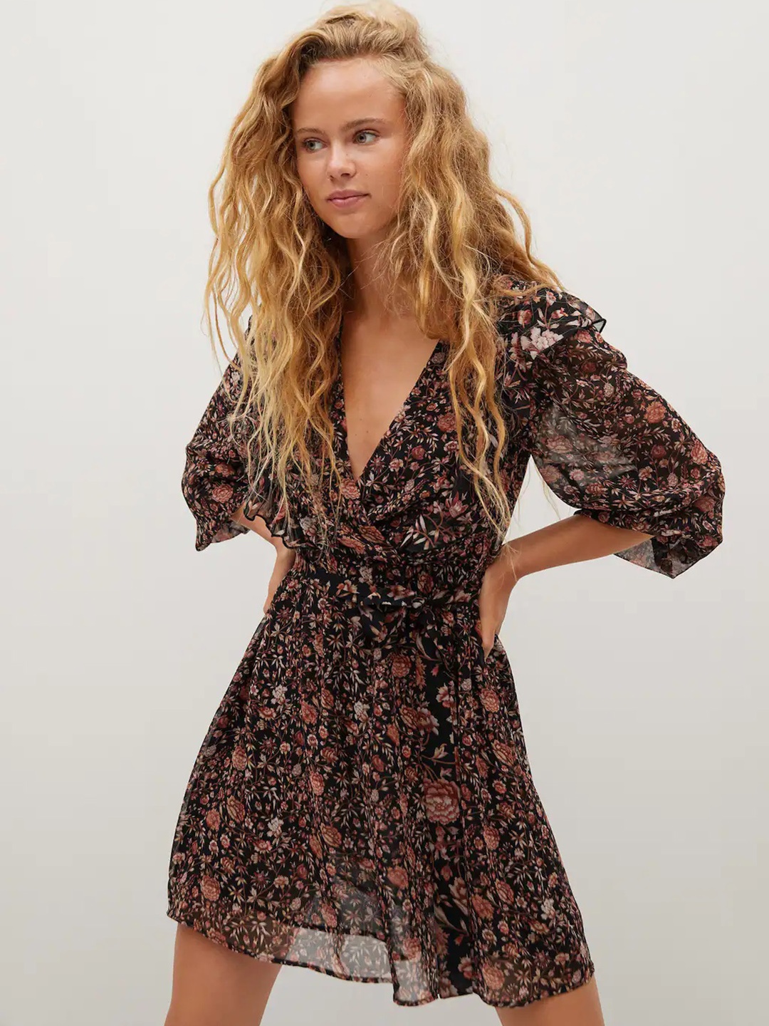 

MANGO Floral Print A-Line Mini Dress, Black