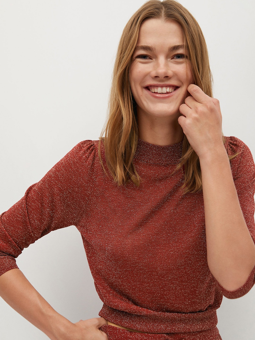 

MANGO Women Maroon & Golden Shimmer Blouson Top