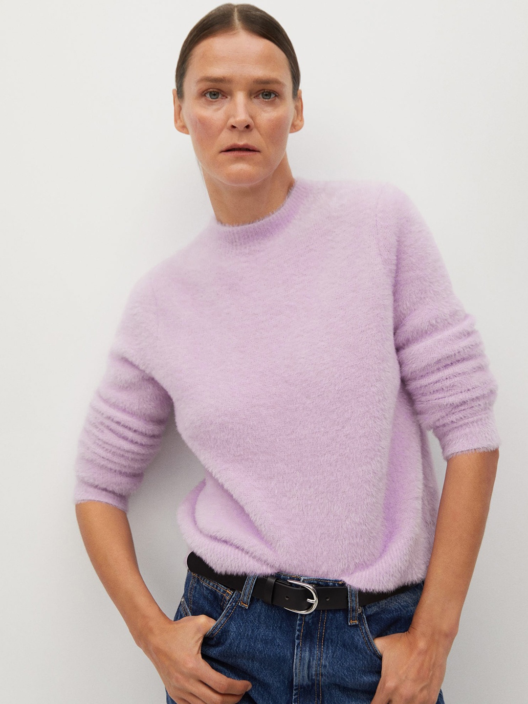 

MANGO Women Purple Fuzzy Pullover Sweater