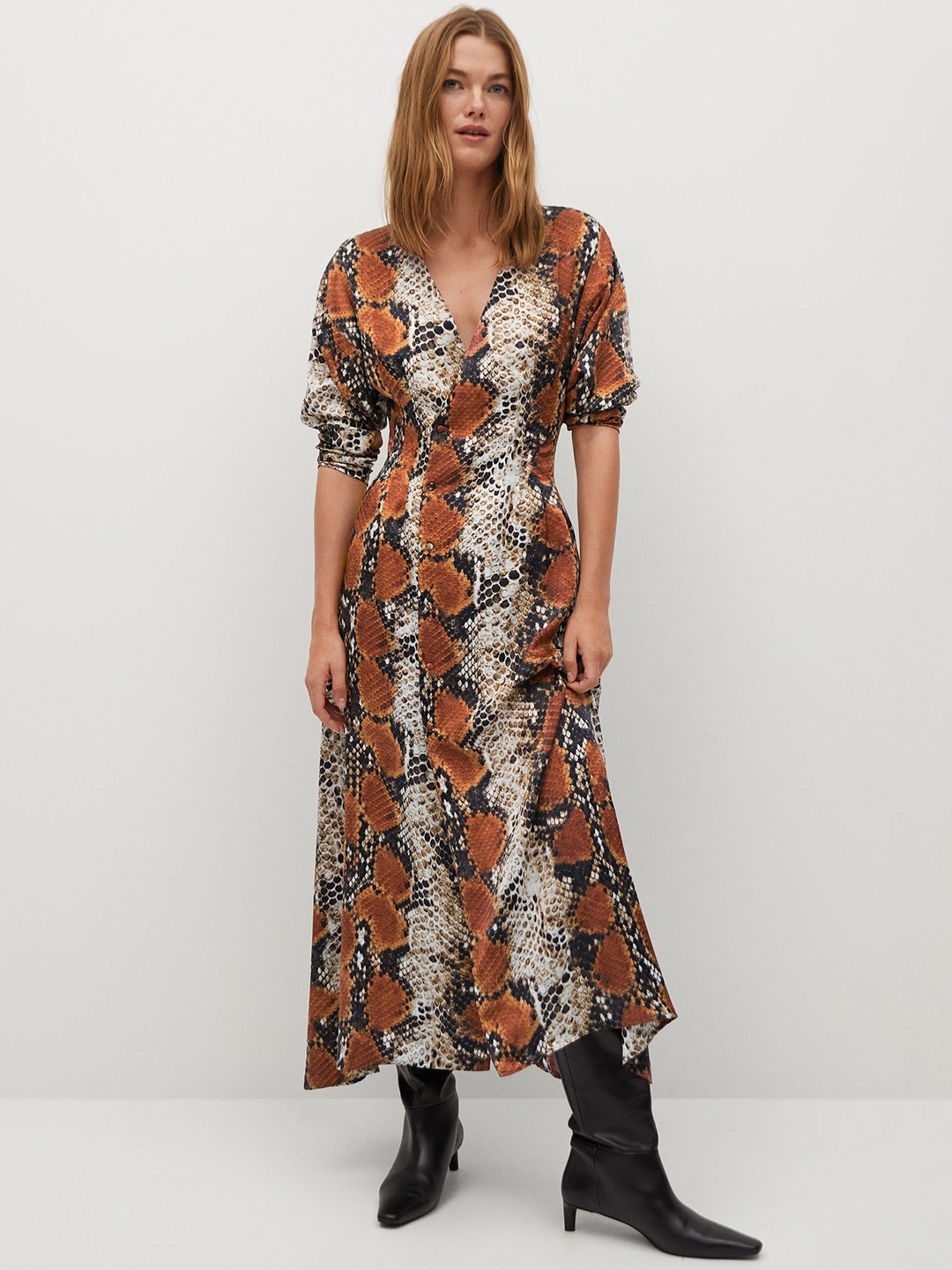 

MANGO Women Mustard Brown & Off-White Animal Printed Wrap Dress With Satin Finish