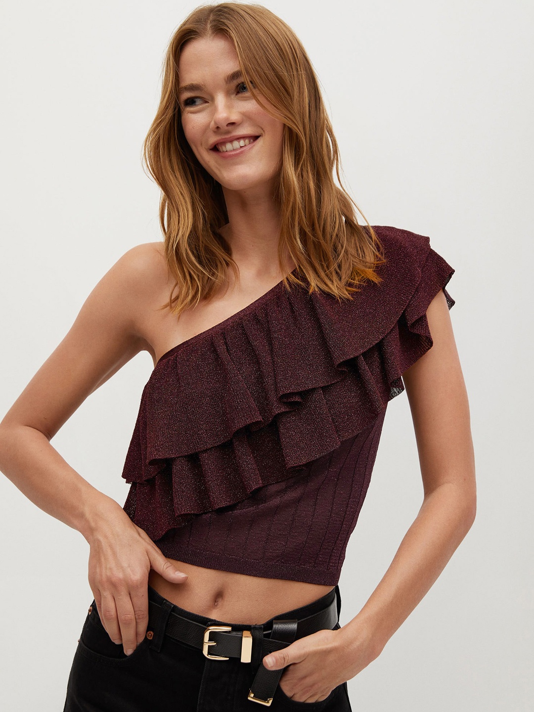 

MANGO Women Burgundy Shimmer Cropped Fitted Top