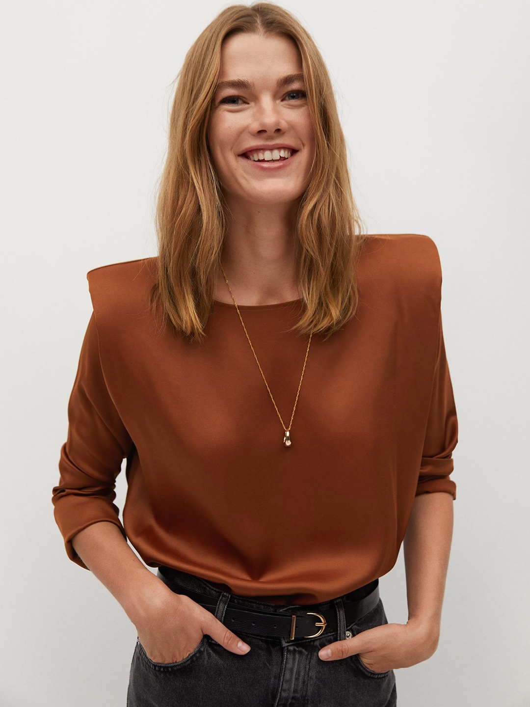 

MANGO Women Brown Solid Satin Ecovero Sustainable Top, Rust