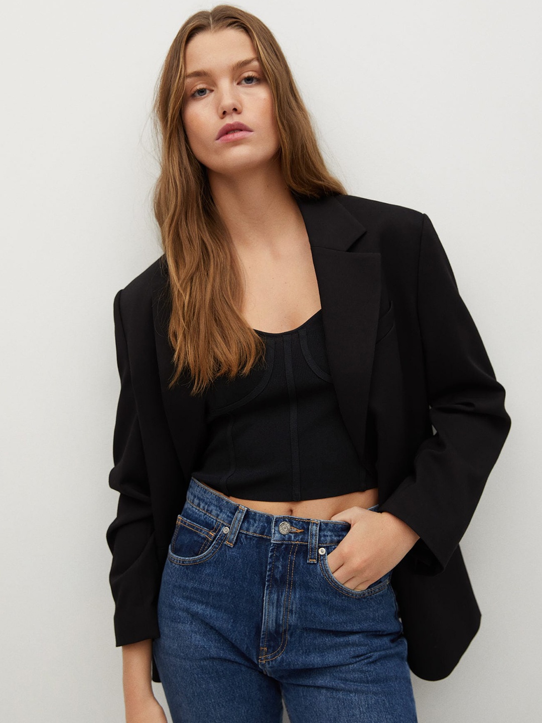 

MANGO Women Black Solid Cropped Fitted Top