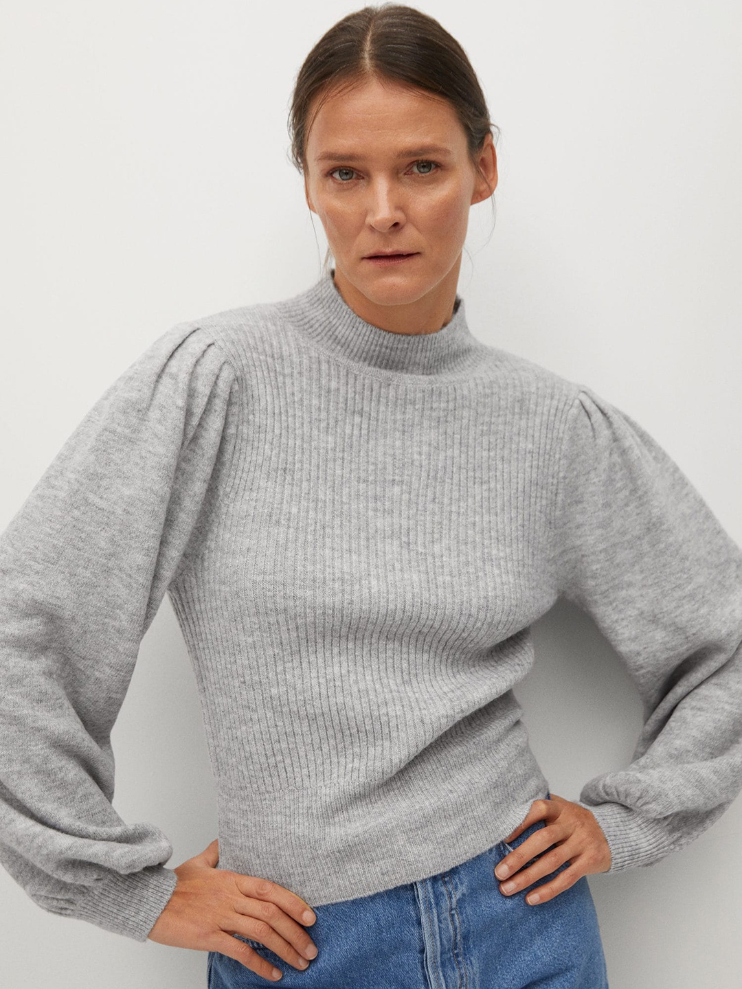 

MANGO Women Grey Melange Ribbed Pullover Sweater