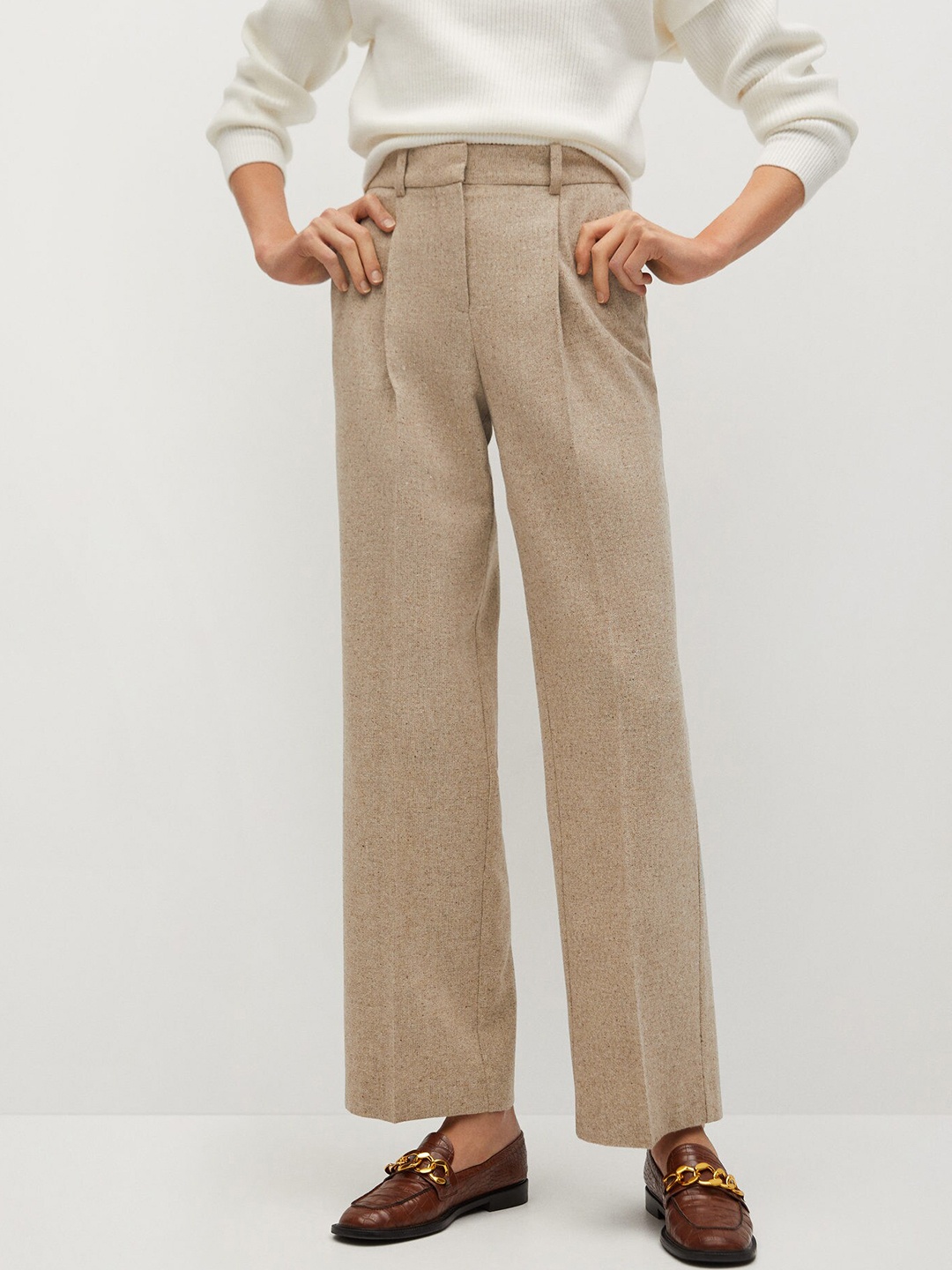 

MANGO Women Beige Solid Flecked Pleated Trousers