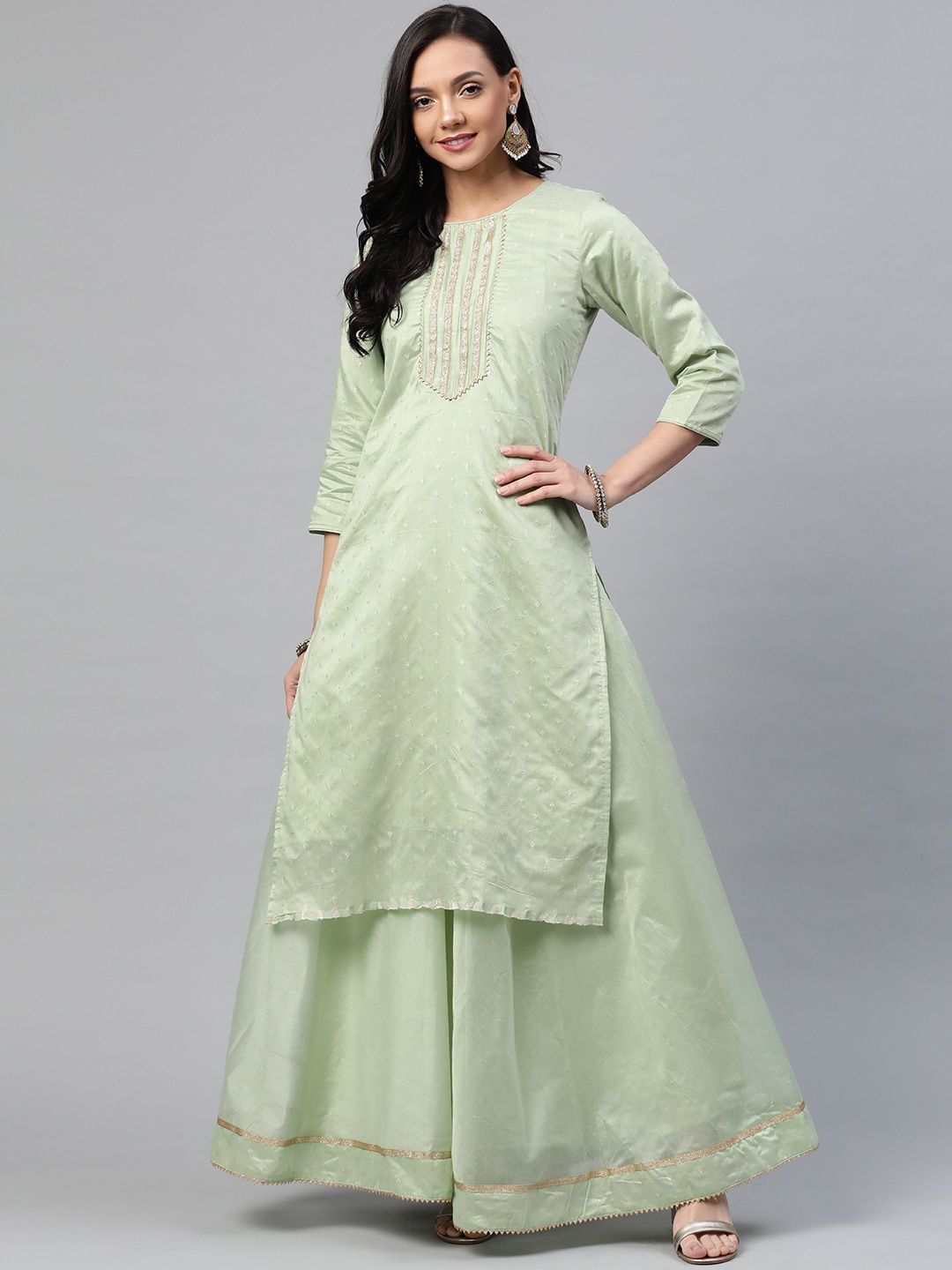 

Readiprint Fashions Women Green & Golden Woven Design Kurta with Skirt