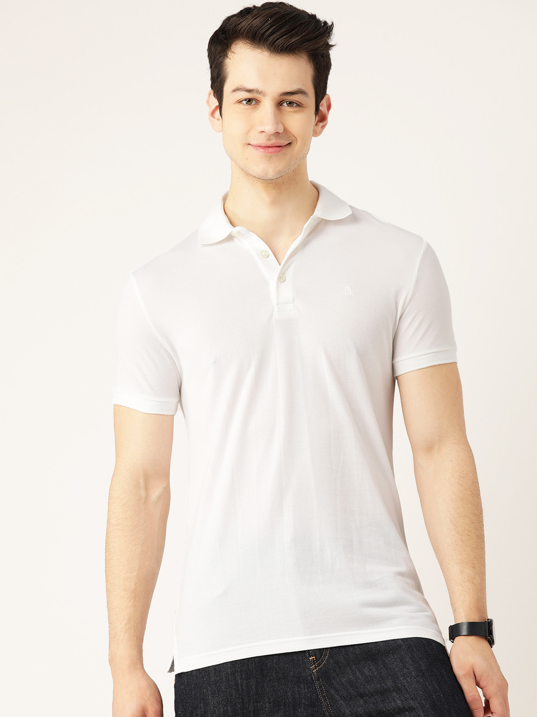 

United Colors of Benetton Men Off-White Pure Cotton Solid Polo Collar T-shirt