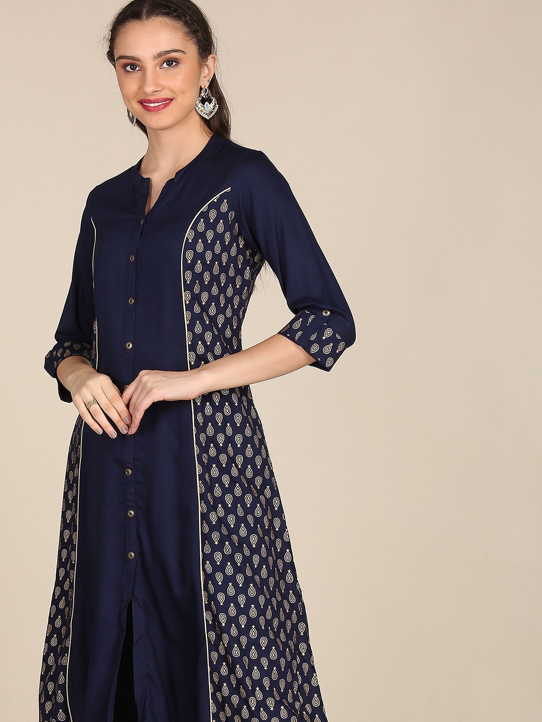 

Karigari Women Navy Blue & Beige Woven Design A-Line Kurta