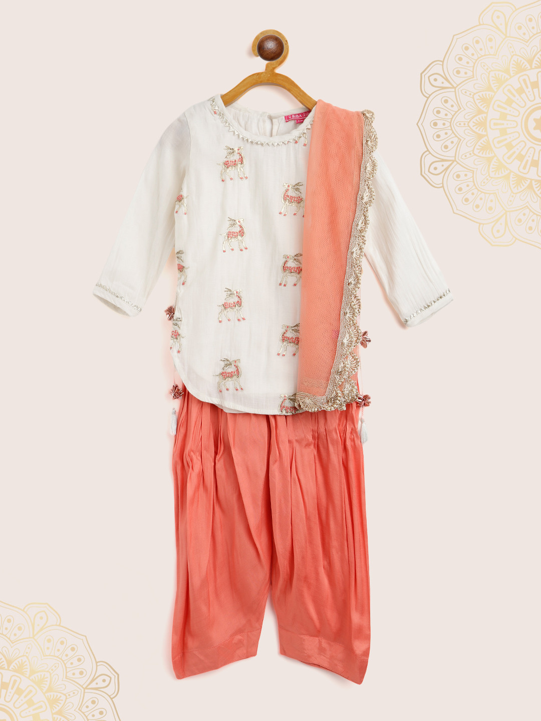 

Biba Girls White & Peach-Coloured Deer Embroidered Kurti with Salwar & With Dupatta