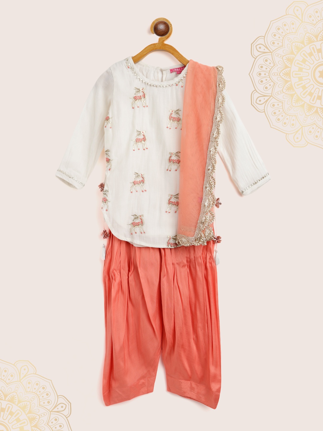 

Biba Girls White & Peach-Coloured Deer Embroidered Kurti with Salwar & With Dupatta