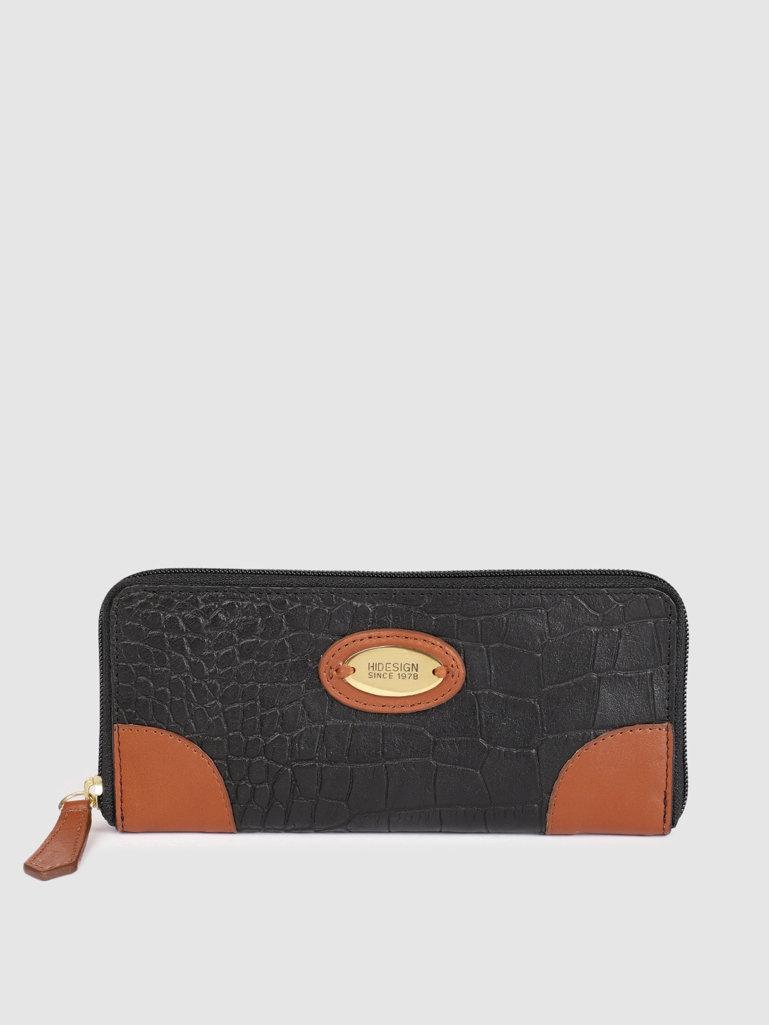 

Hidesign Women Black Textured Leather Zip Around Wallet