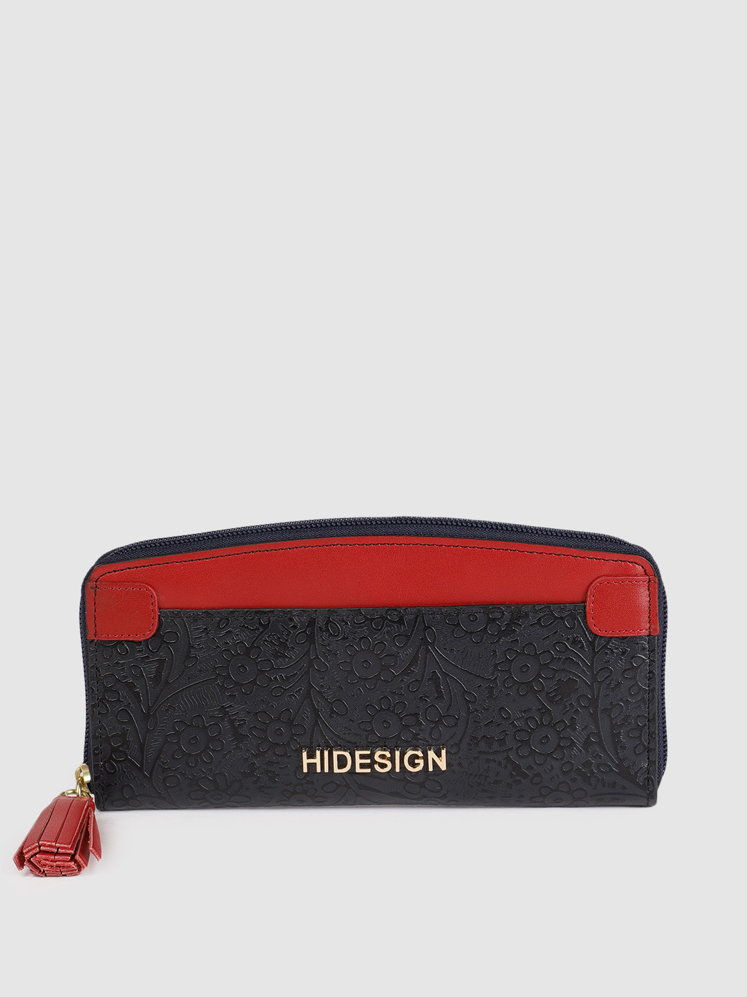 

Hidesign Women Navy Blue & Red Self Design Zip Around Wallet