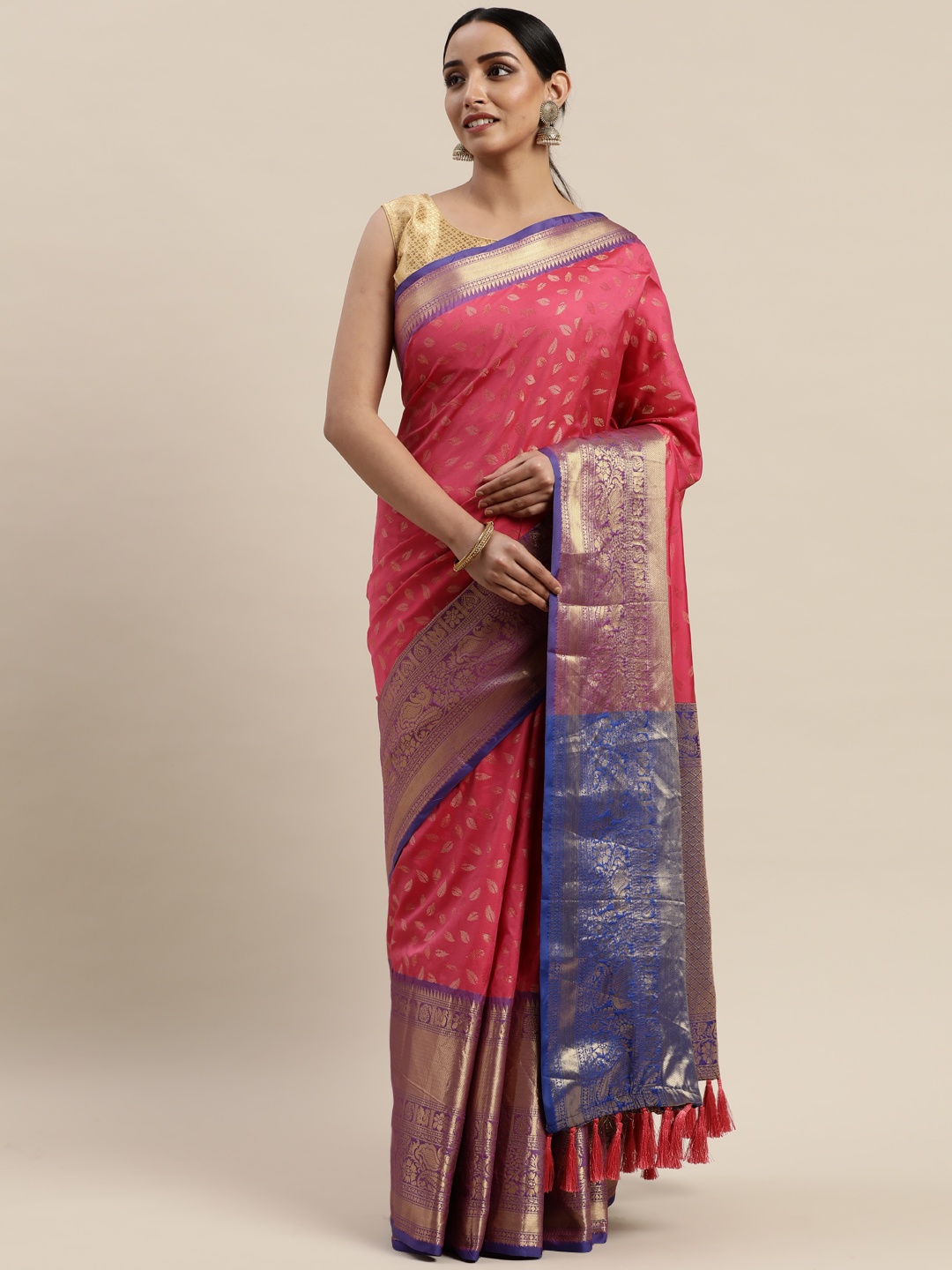 

VASTRANAND Pink & Gold-Toned Silk Cotton Woven Design Banarasi Saree