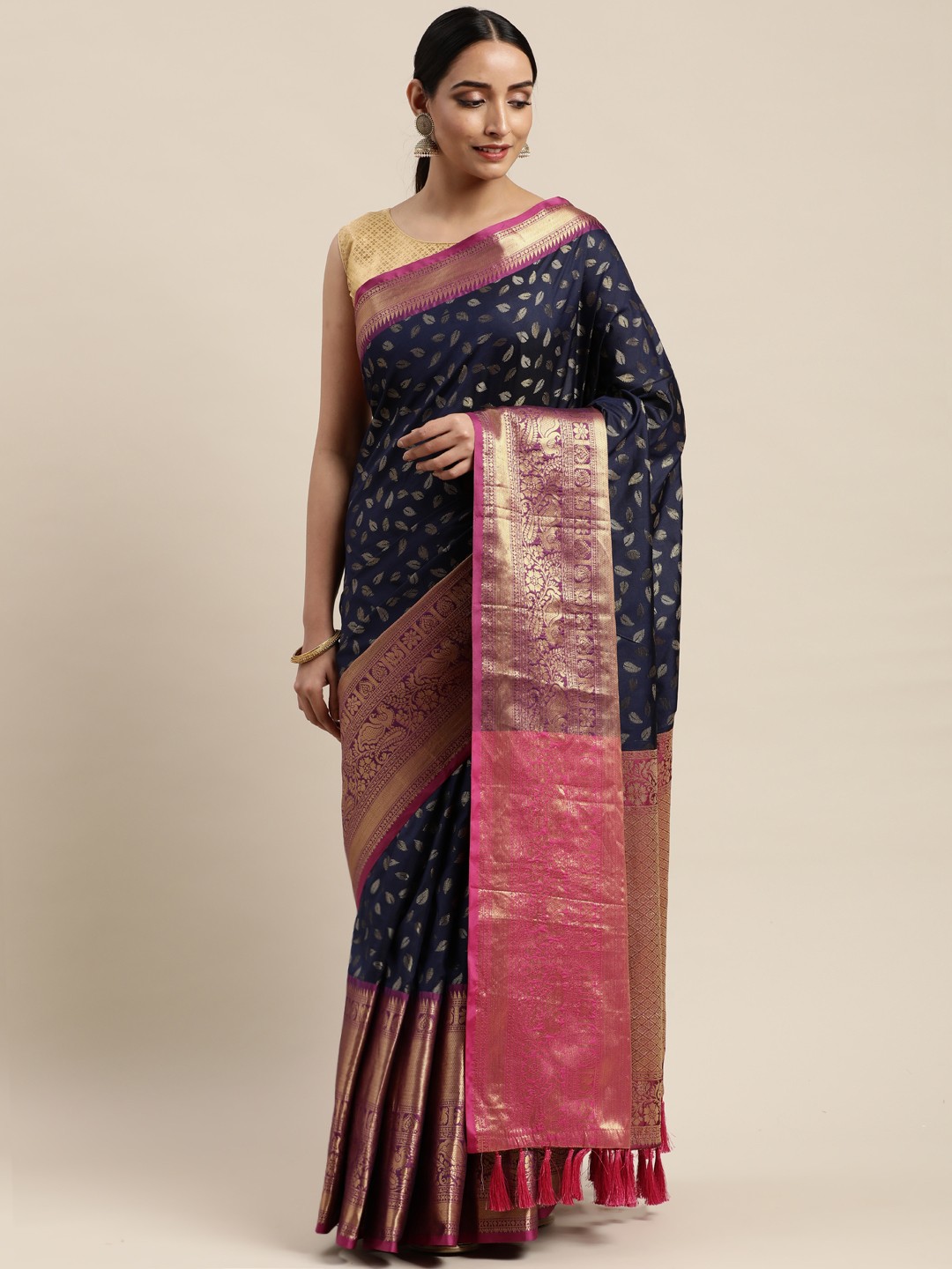 

VASTRANAND Navy Blue & Gold-Toned Silk Cotton Woven Design Banarasi Saree