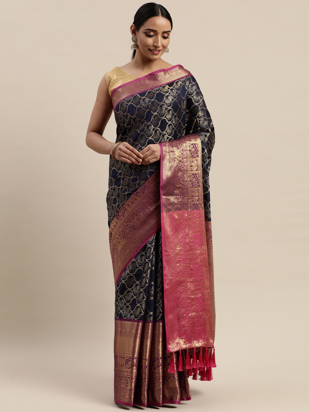 

VASTRANAND Navy Blue & Pink Woven Design Banarasi Saree