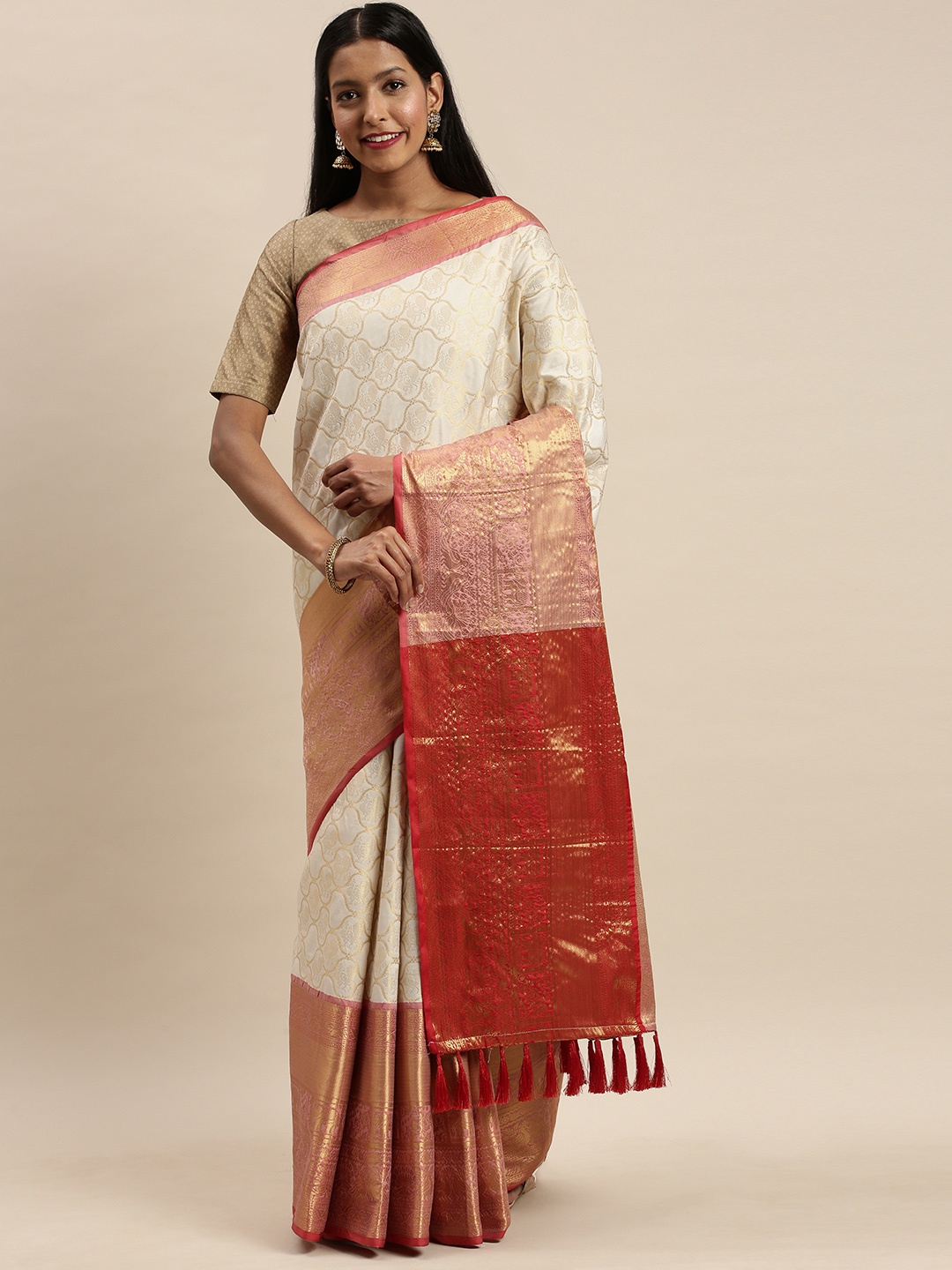 

VASTRANAND White & Red Silk Cotton Woven Design Banarasi Saree